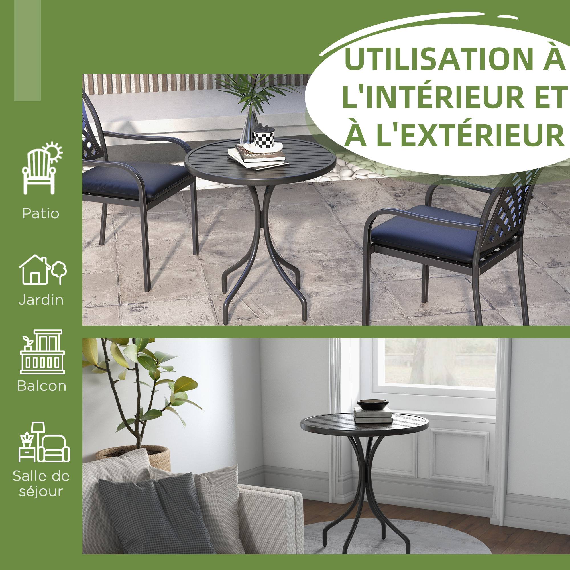 Table de jardin ronde Ø66cm, table d'exterieur en acier galvanisé avec plateau à lattes pour terrasse, balcon, noir - Image 7
