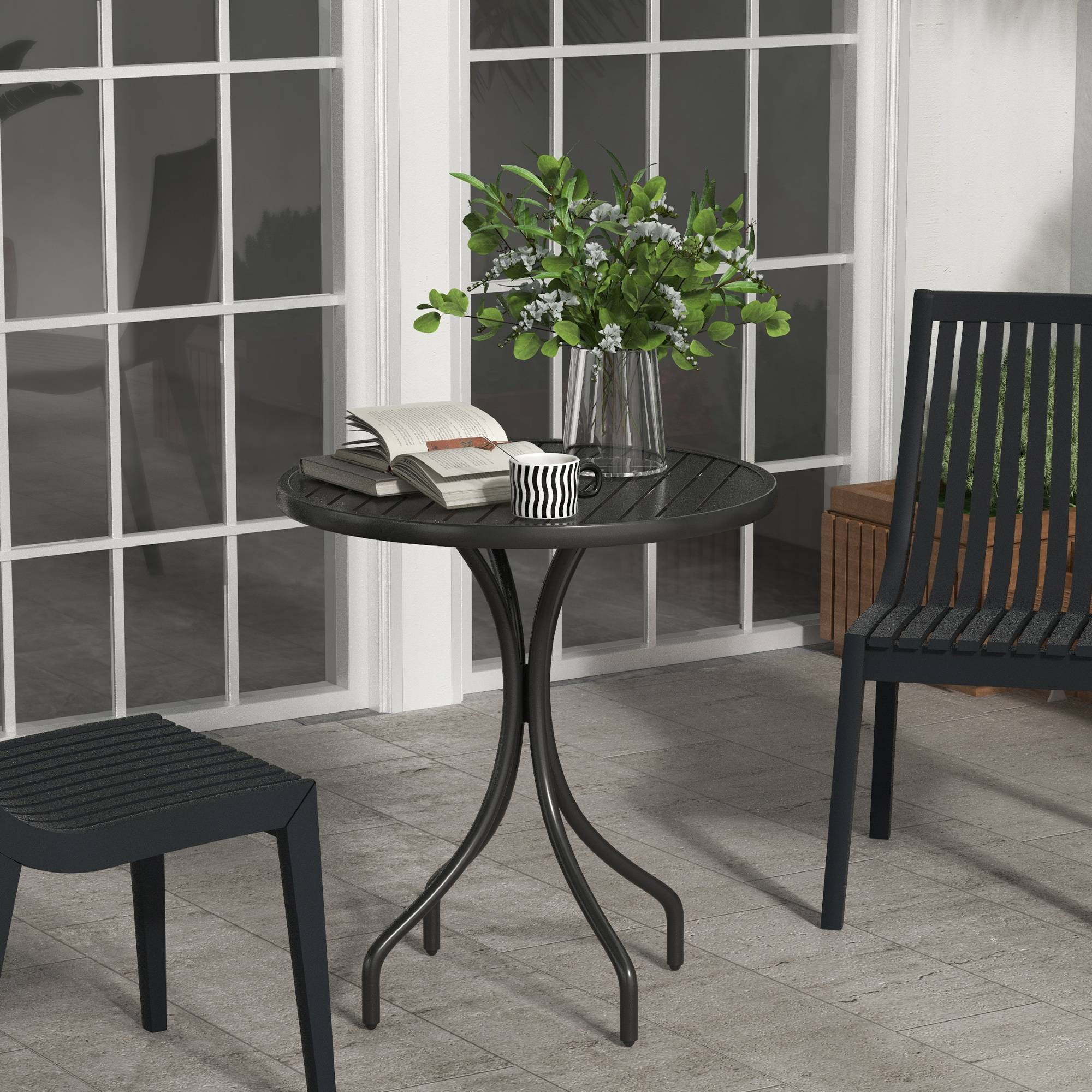 Table de jardin ronde Ø66cm, table d'exterieur en acier galvanisé avec plateau à lattes pour terrasse, balcon, noir - Image 3