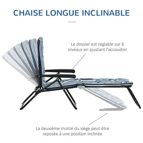 Bain de soleil pliable transat inclinable 6 positions confort - 153x58x89cm Acier Multicolore fr111 - Image 6