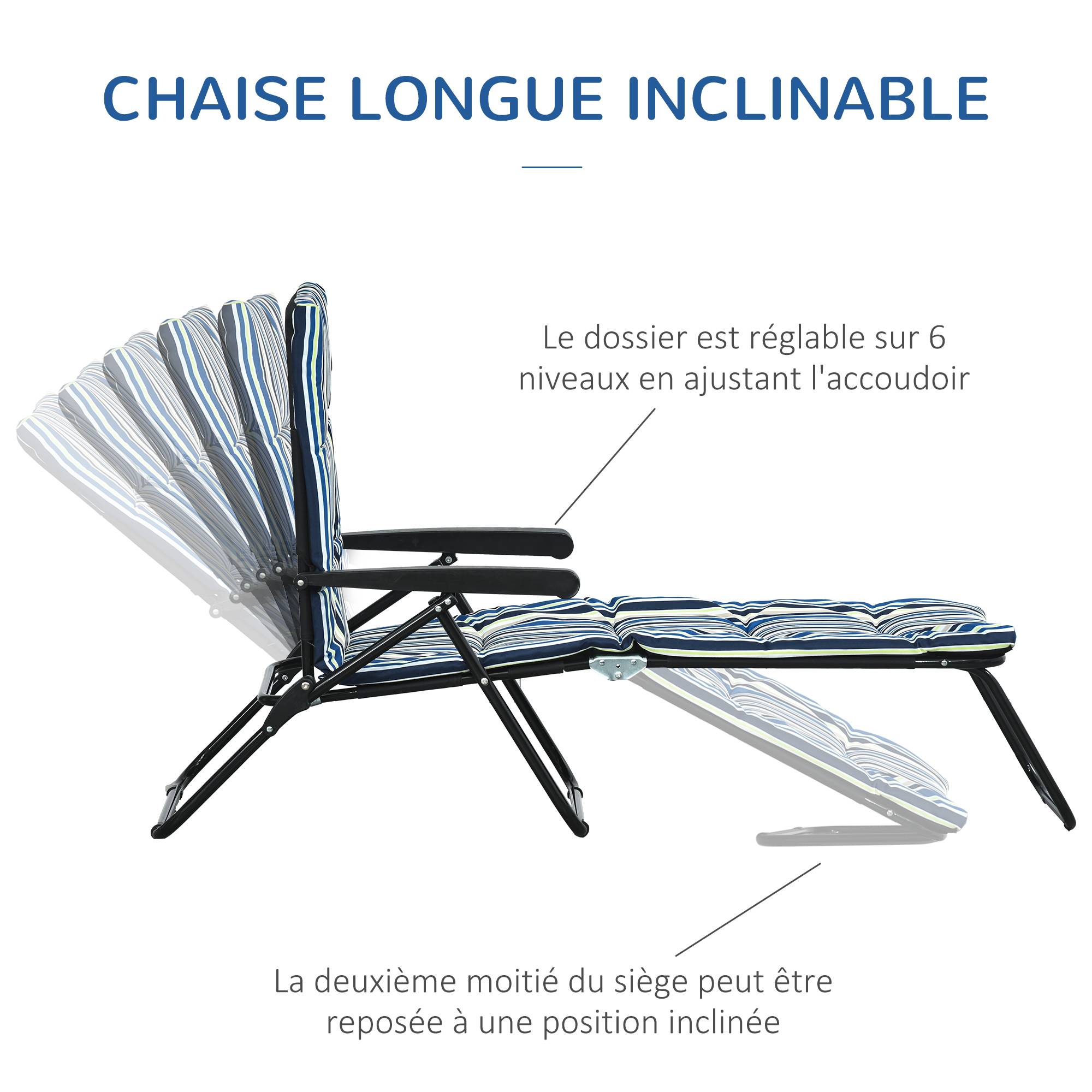 Bain de soleil pliable transat inclinable 6 positions confort - 153x58x89cm Acier Multicolore fr111 - Image 6