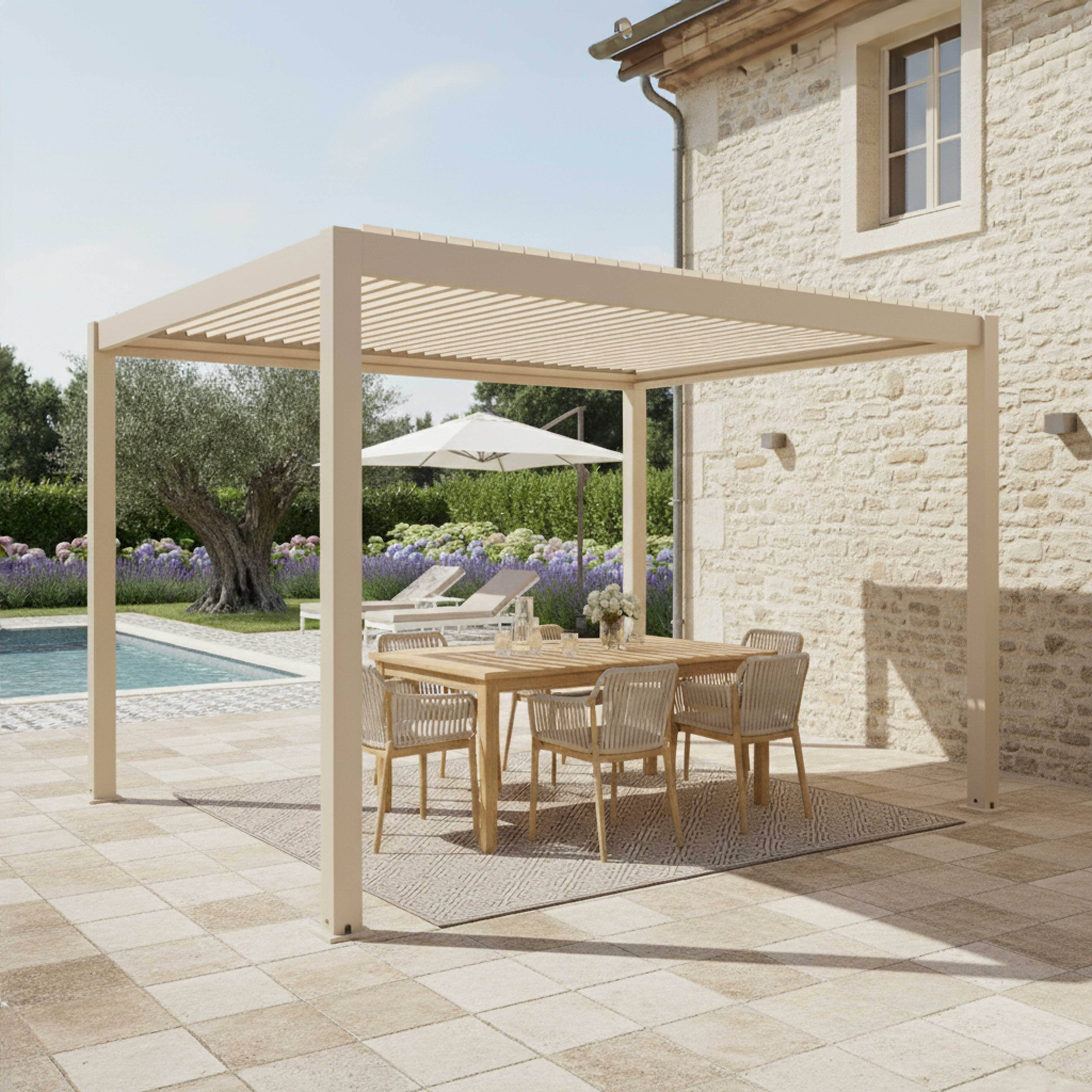 Oviala - Pergola bioclimatique autoportée 3x4m et 2 stores bois crème Athenes - Oviala - Image 4