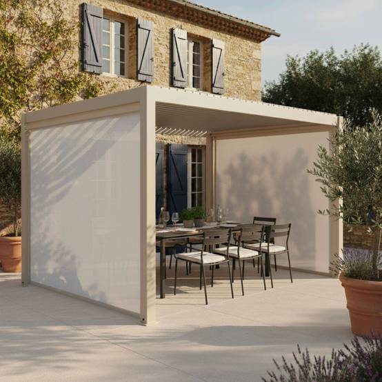 Oviala - Pergola bioclimatique autoportée 3x4m et 2 stores bois crème Athenes - Oviala - Image 1