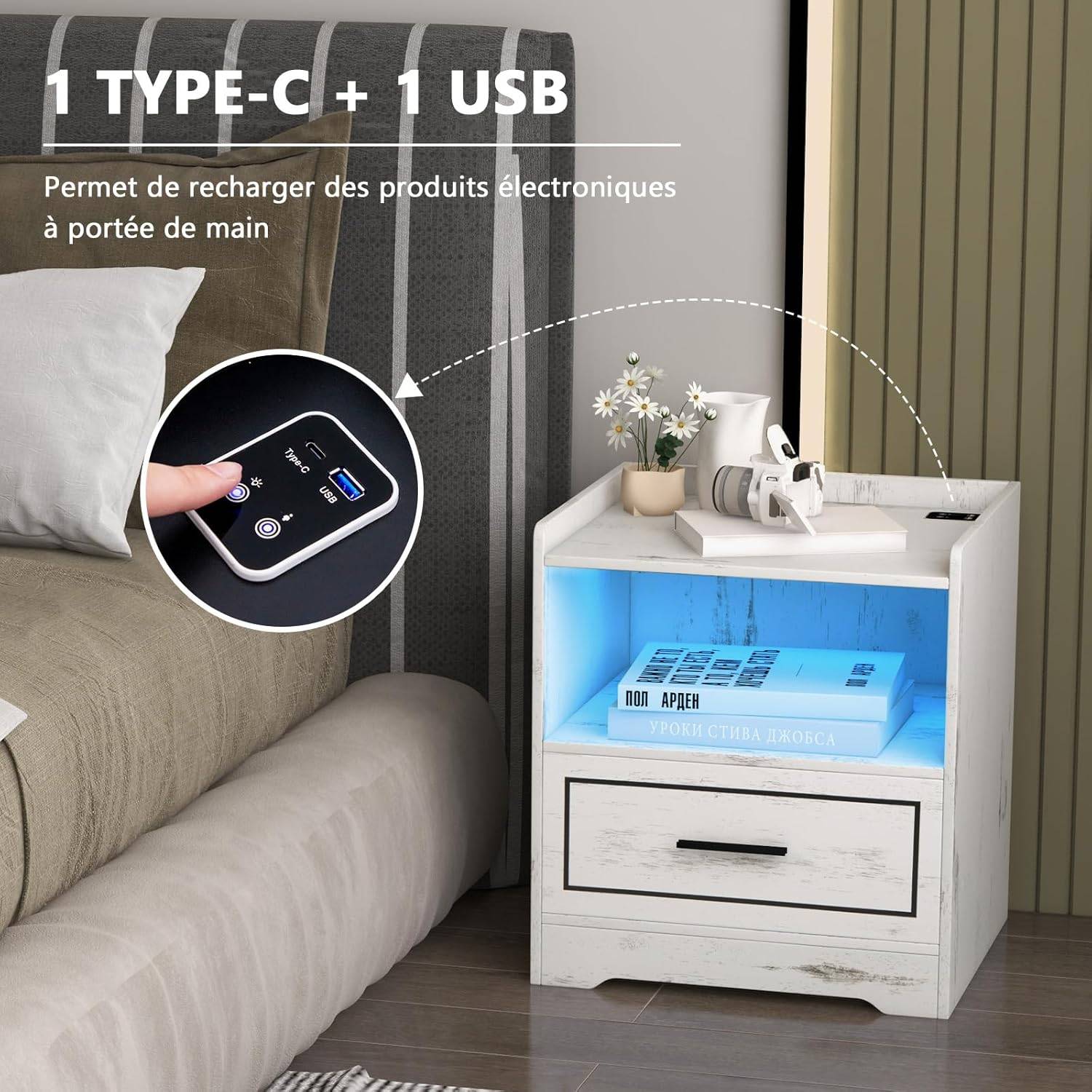 GurexlTables Table De Chevet LED Vintage Avec Chargeur USB Et Tiroir Sécurisé - Blanc
