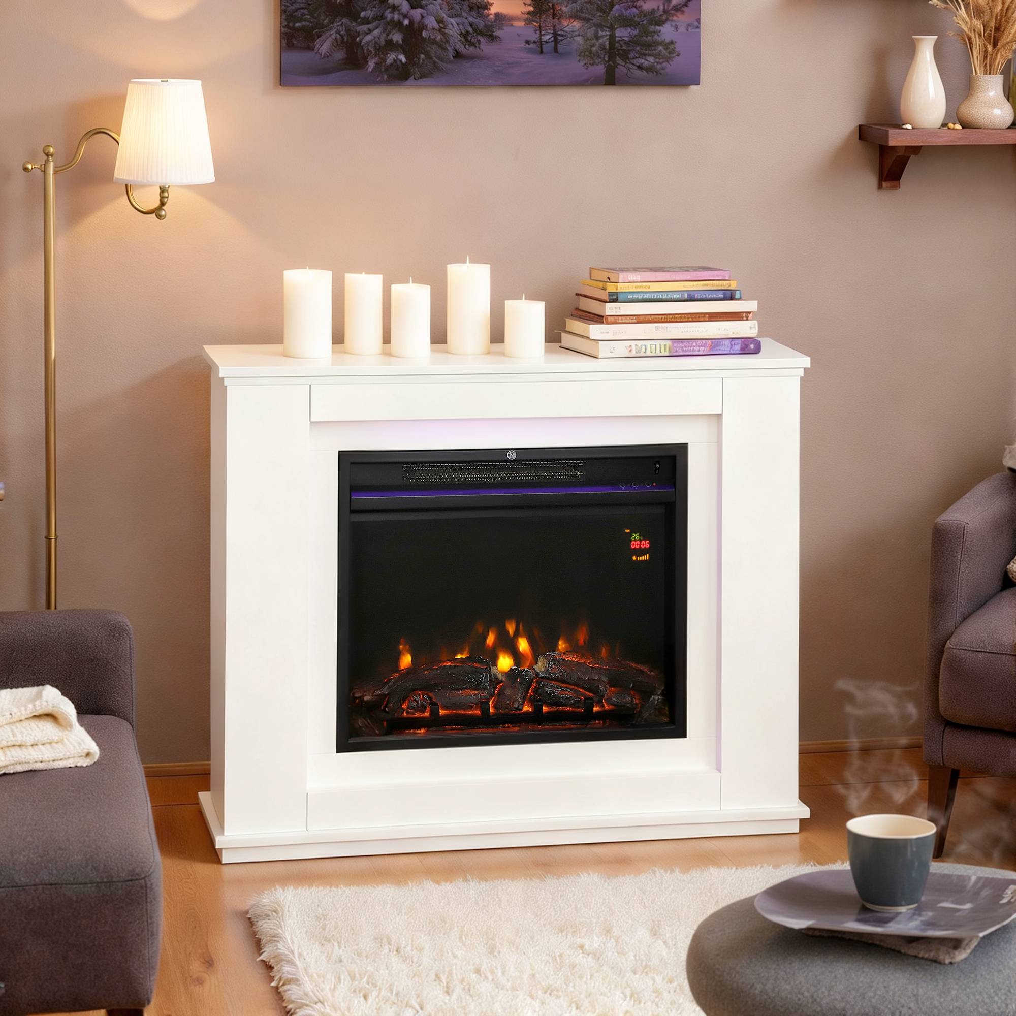 Sans Marque - Cheminée électrique, flammes réalistes avec 12 couleurs, 5 niveaux de luminosité, télécommande, minuteur, Noir - Image 3