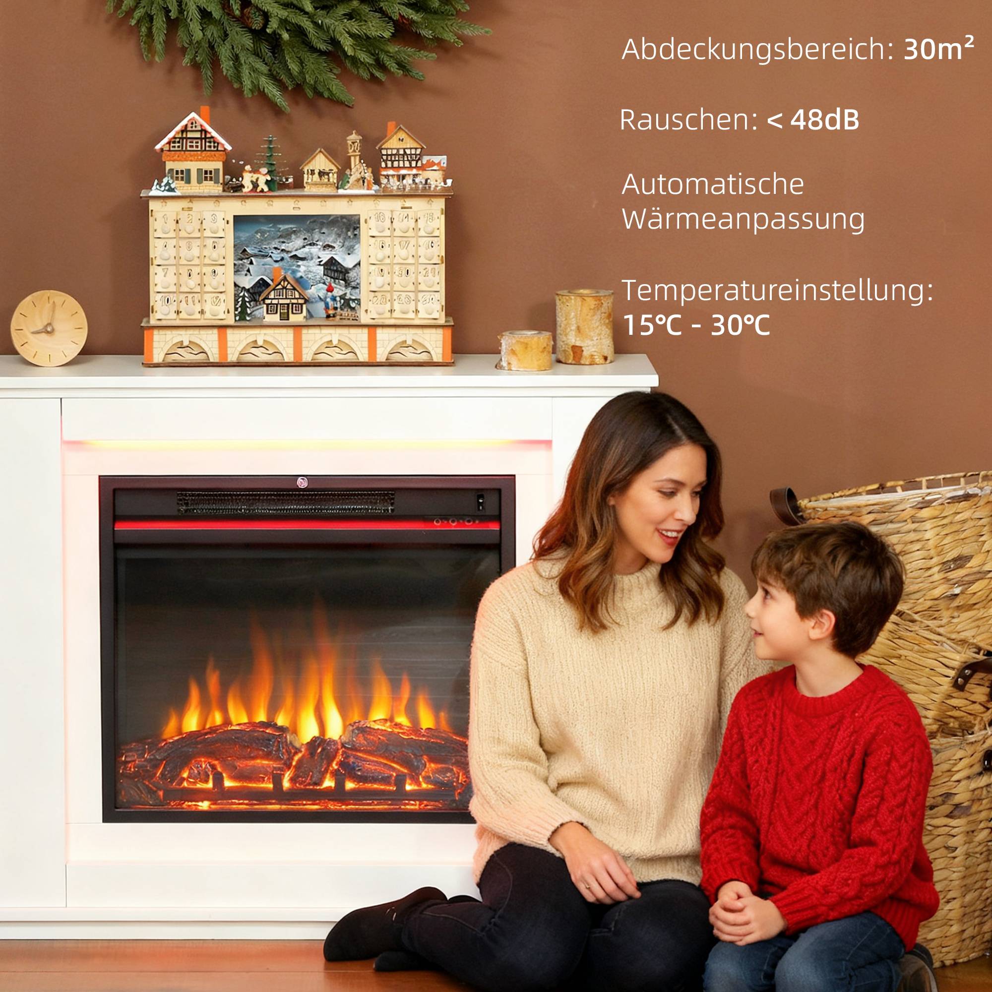 Sans Marque - Cheminée électrique, flammes réalistes avec 12 couleurs, 5 niveaux de luminosité, télécommande, minuteur, Noir - Image 7