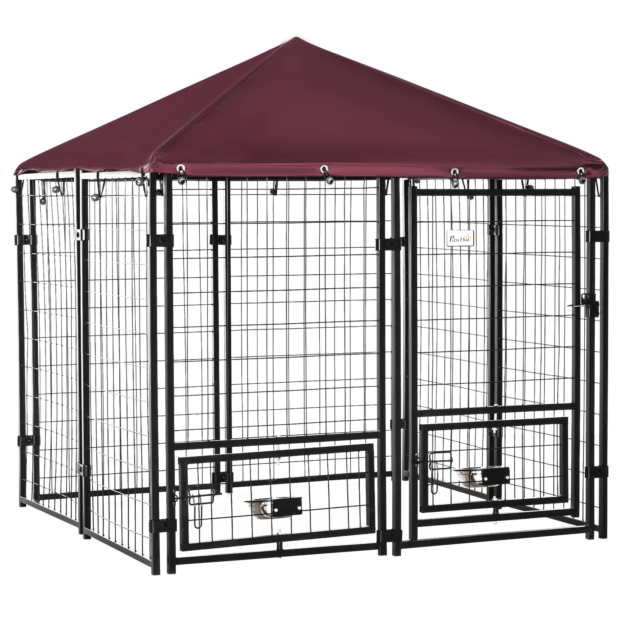 Parc extérieur pour chien en acier verrouillable, 2 gamelles rotatives et housse en tissu Oxford, niche, noir et rouge - Image 1