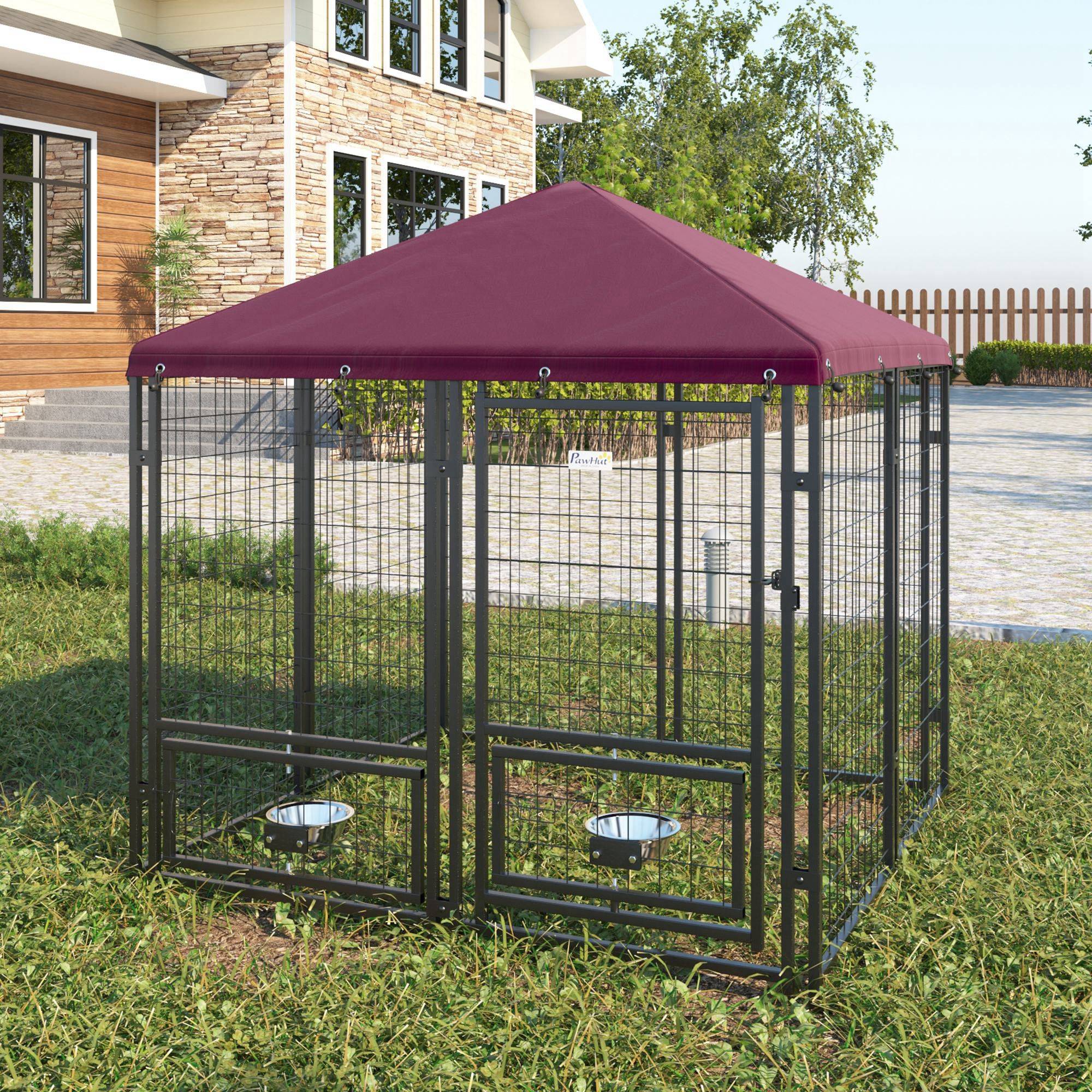 Parc extérieur pour chien en acier verrouillable, 2 gamelles rotatives et housse en tissu Oxford, niche, noir et rouge - Image 4