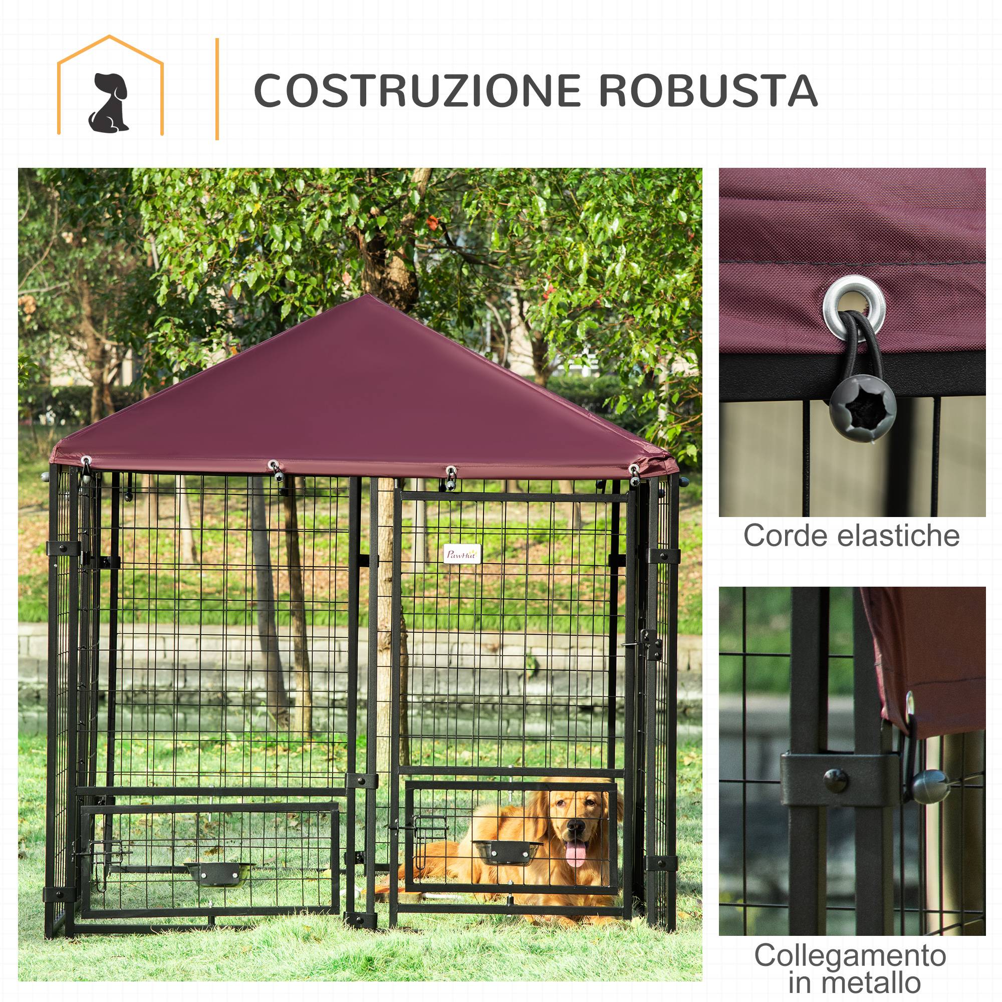Parc extérieur pour chien en acier verrouillable, 2 gamelles rotatives et housse en tissu Oxford, niche, noir et rouge - Image 8