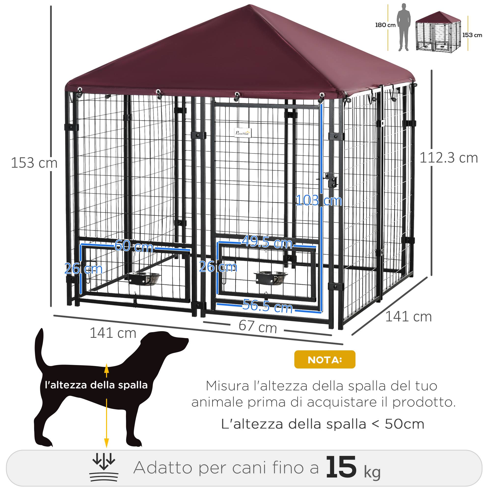 Parc extérieur pour chien en acier verrouillable, 2 gamelles rotatives et housse en tissu Oxford, niche, noir et rouge - Image 5