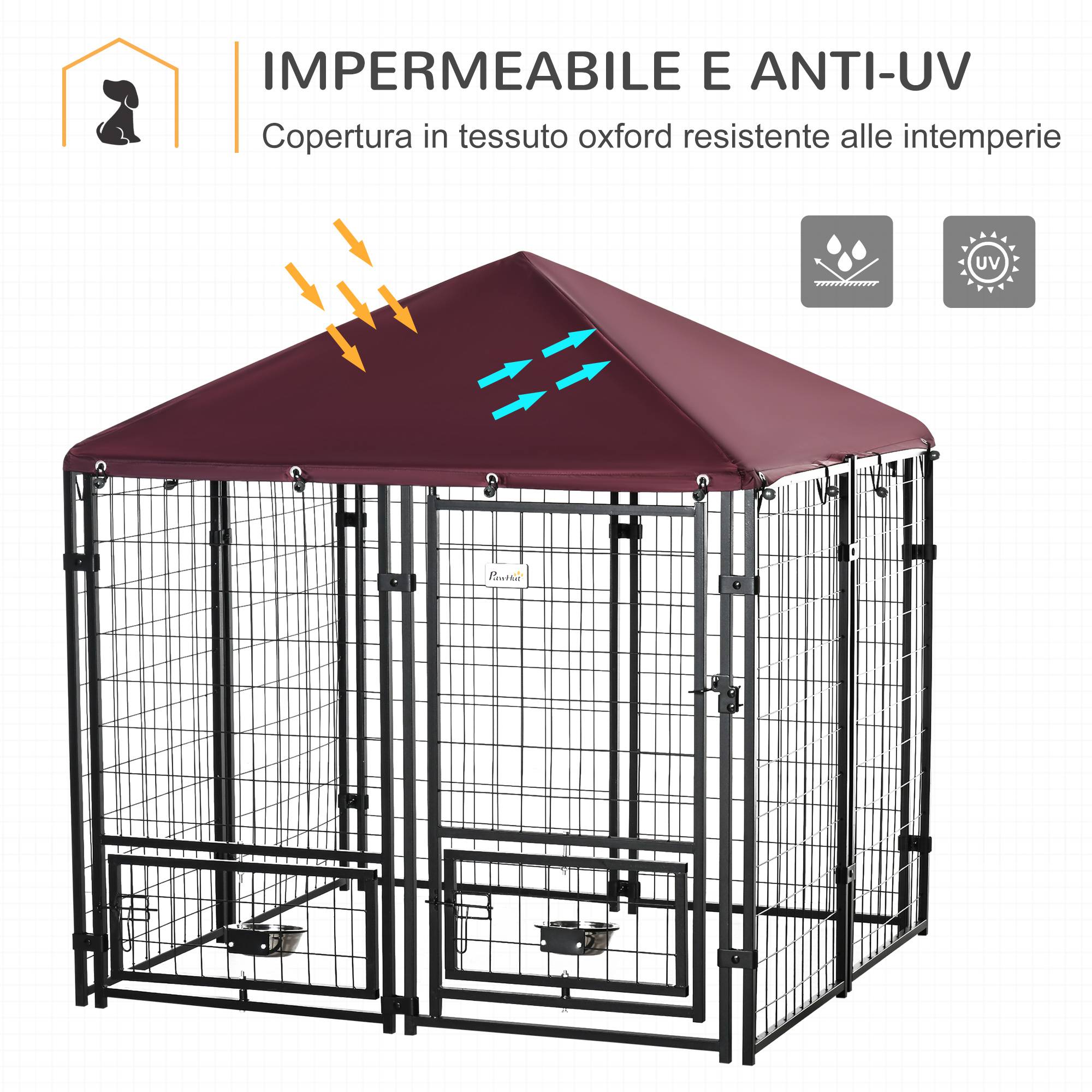 Parc extérieur pour chien en acier verrouillable, 2 gamelles rotatives et housse en tissu Oxford, niche, noir et rouge - Image 6