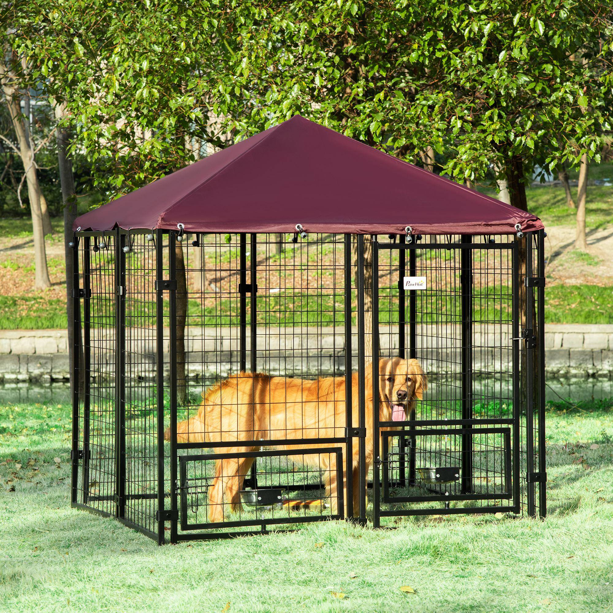 Parc extérieur pour chien en acier verrouillable, 2 gamelles rotatives et housse en tissu Oxford, niche, noir et rouge - Image 3