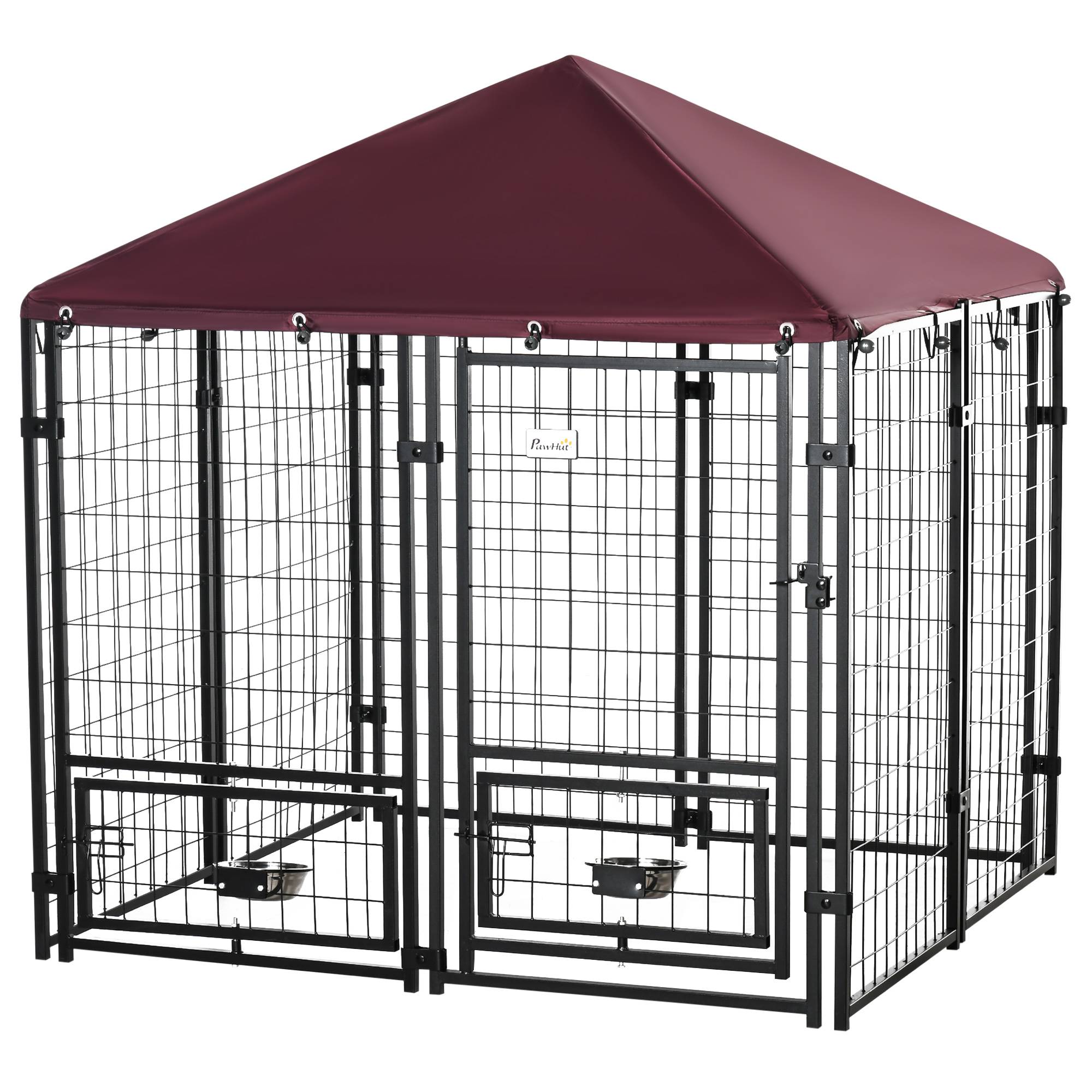 Parc extérieur pour chien en acier verrouillable, 2 gamelles rotatives et housse en tissu Oxford, niche, noir et rouge - Image 2