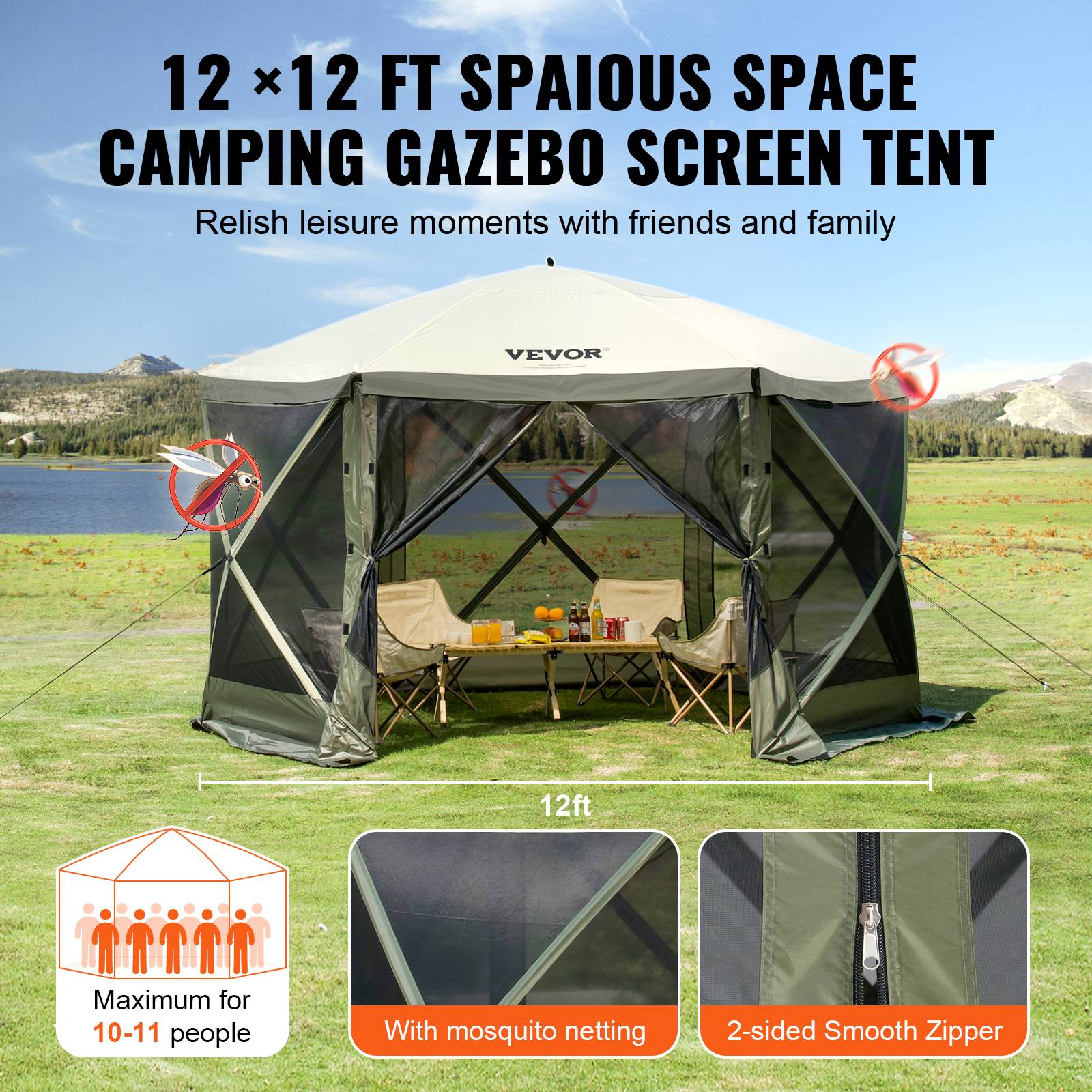 Vevor - Tente pop-up 6 côtés 3,66x3,66 m, moustiquaire UPF50+, panneaux amovibles avec fenêtres, vert armée. - Image 5
