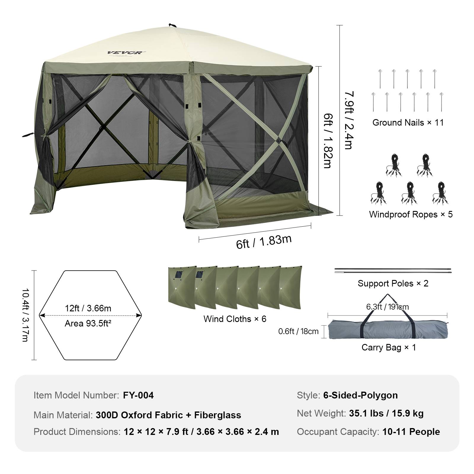 Vevor - Tente pop-up 6 côtés 3,66x3,66 m, moustiquaire UPF50+, panneaux amovibles avec fenêtres, vert armée. - Image 6