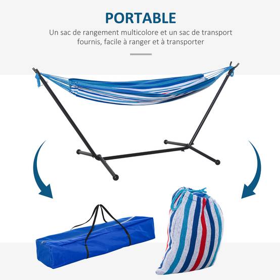 Hamac sur pied coton extérieur détente hauteur réglable 298x117x105cm bleu blanc - ComfortXL Outdoor Living - Image 9
