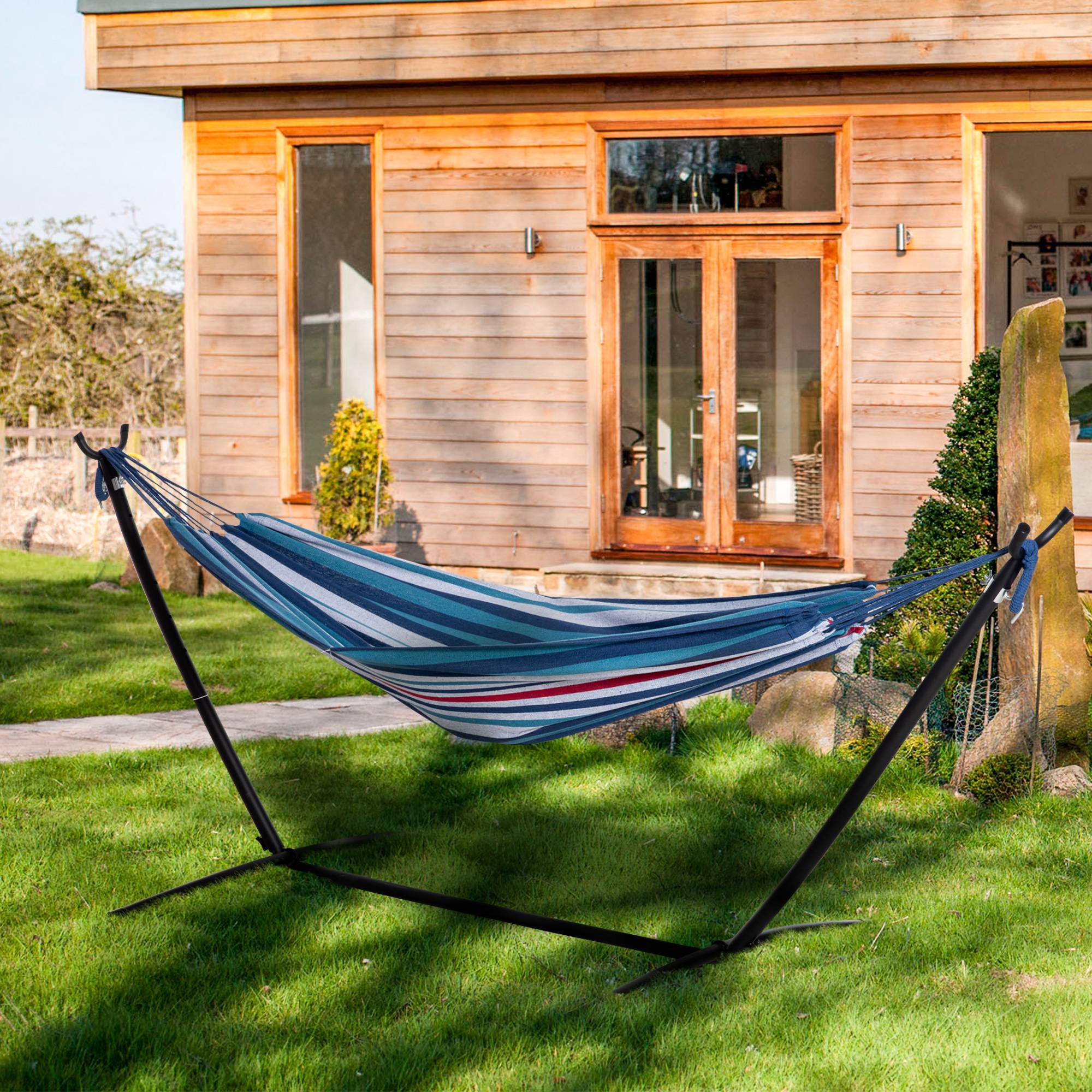 Hamac sur pied coton extérieur détente hauteur réglable 298x117x105cm bleu blanc - ComfortXL Outdoor Living - Image 3