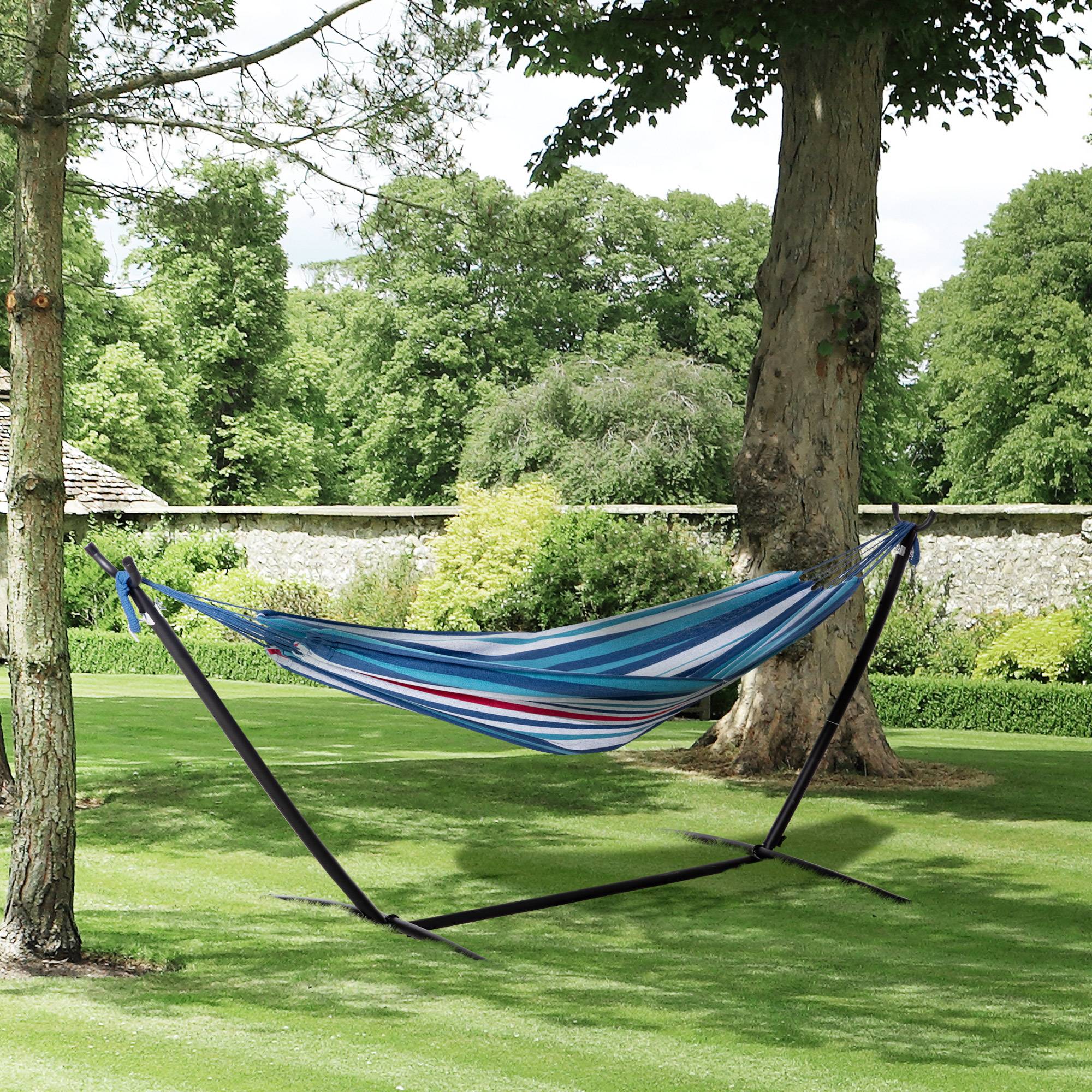 Hamac sur pied coton extérieur détente hauteur réglable 298x117x105cm bleu blanc - ComfortXL Outdoor Living - Image 4