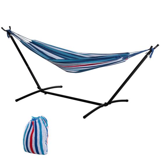 Hamac sur pied coton extérieur détente hauteur réglable 298x117x105cm bleu blanc - ComfortXL Outdoor Living - Image 2