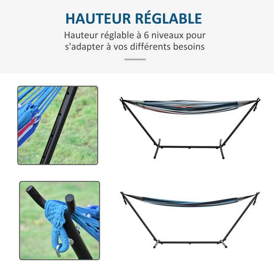 Hamac sur pied coton extérieur détente hauteur réglable 298x117x105cm bleu blanc - ComfortXL Outdoor Living - Image 6
