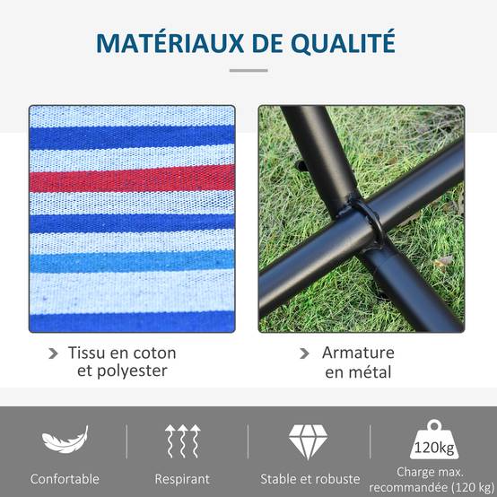 Hamac sur pied coton extérieur détente hauteur réglable 298x117x105cm bleu blanc - ComfortXL Outdoor Living - Image 7