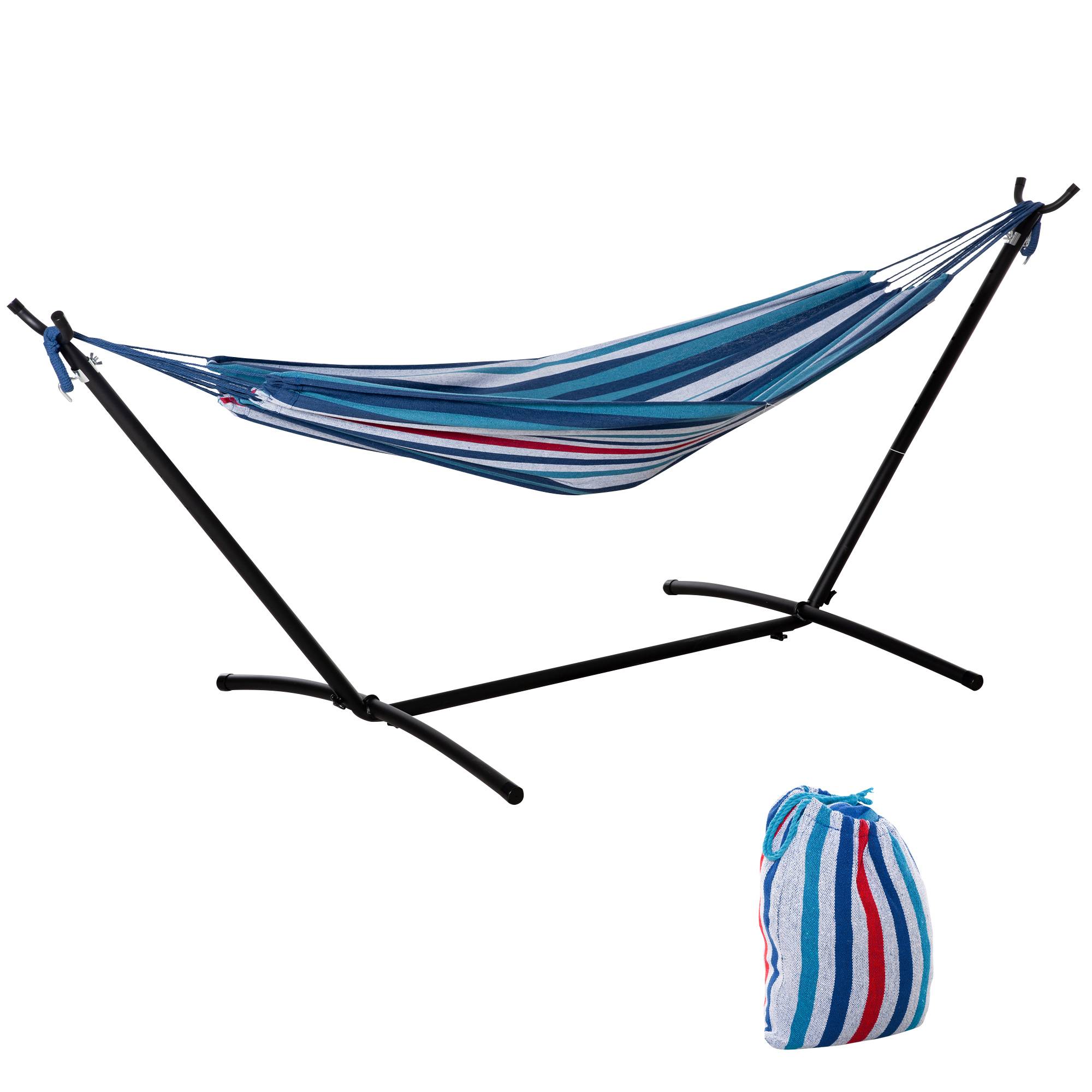 Hamac sur pied coton extérieur détente hauteur réglable 298x117x105cm bleu blanc - ComfortXL Outdoor Living - Image 1