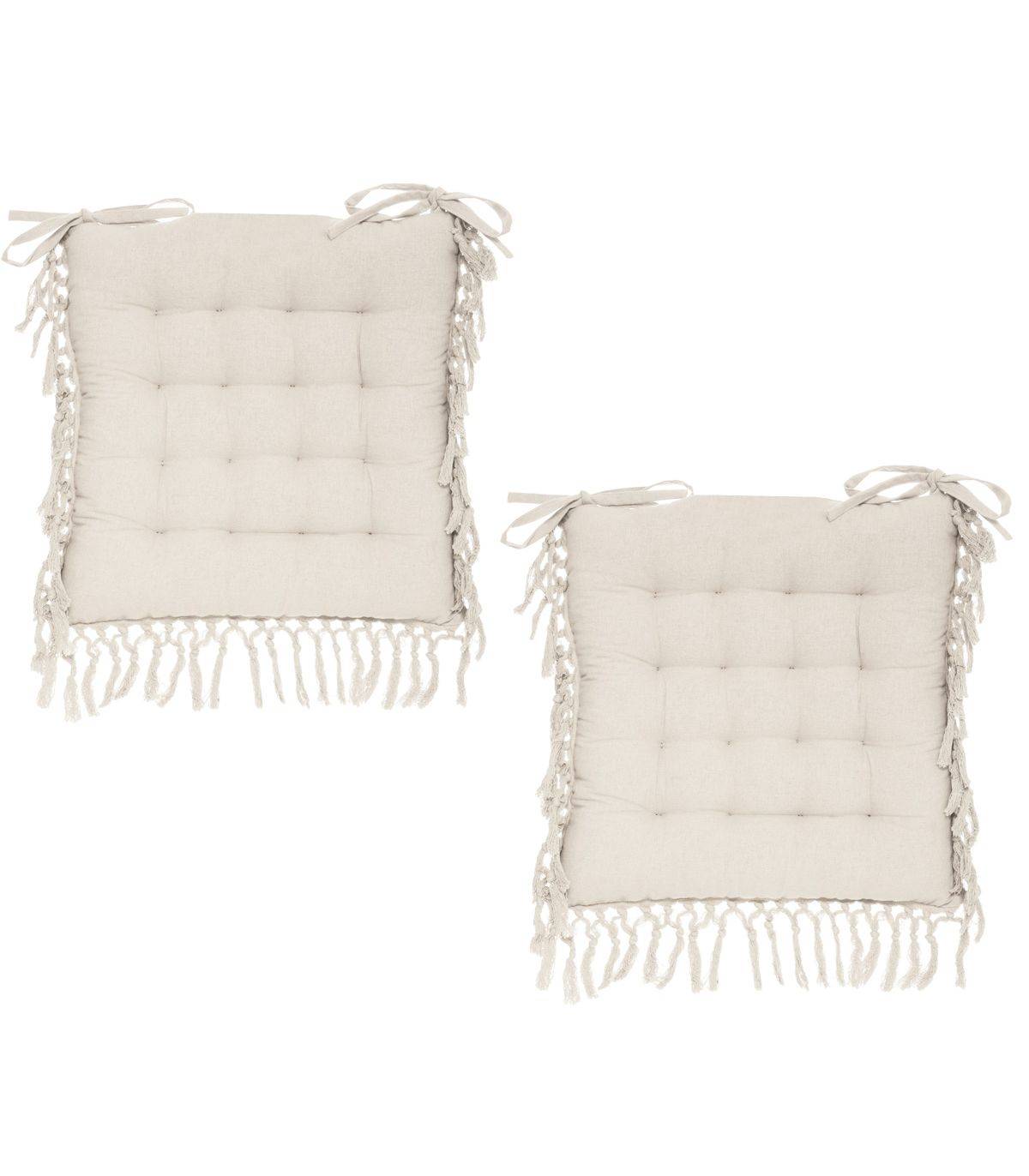 Lot de 2 Galettes de chaise en Coton Ivoire avec franges macramé 40 x 40 cm - Image 1