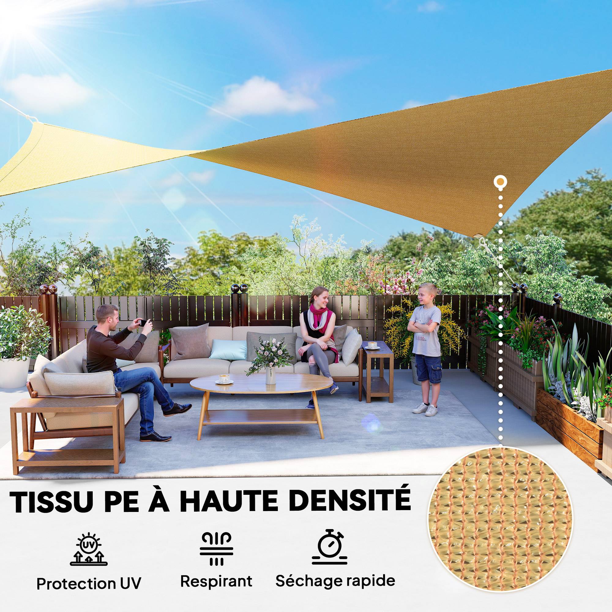 Voile d'ombrage Voile solaire - rectangulaire 4x6m anti-UV HDPE, pour terrasse piscine, sable fr230 - Image 6