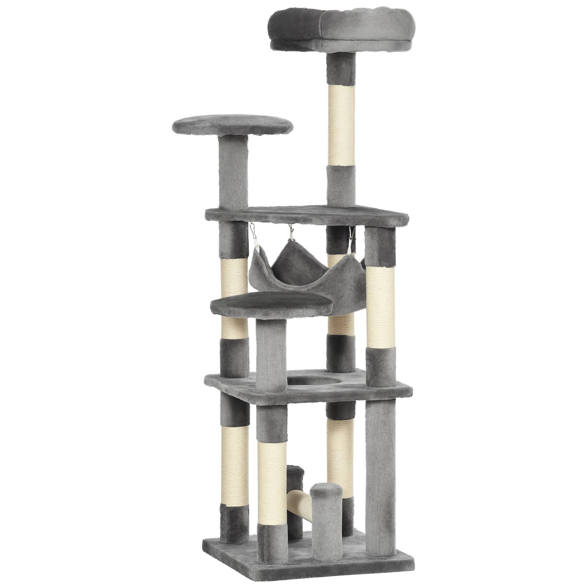Arbre à chat 4 niveaux hamac plateformes peluche sisal naturel structure stable chat intérieur 132 cm gris - Image 1