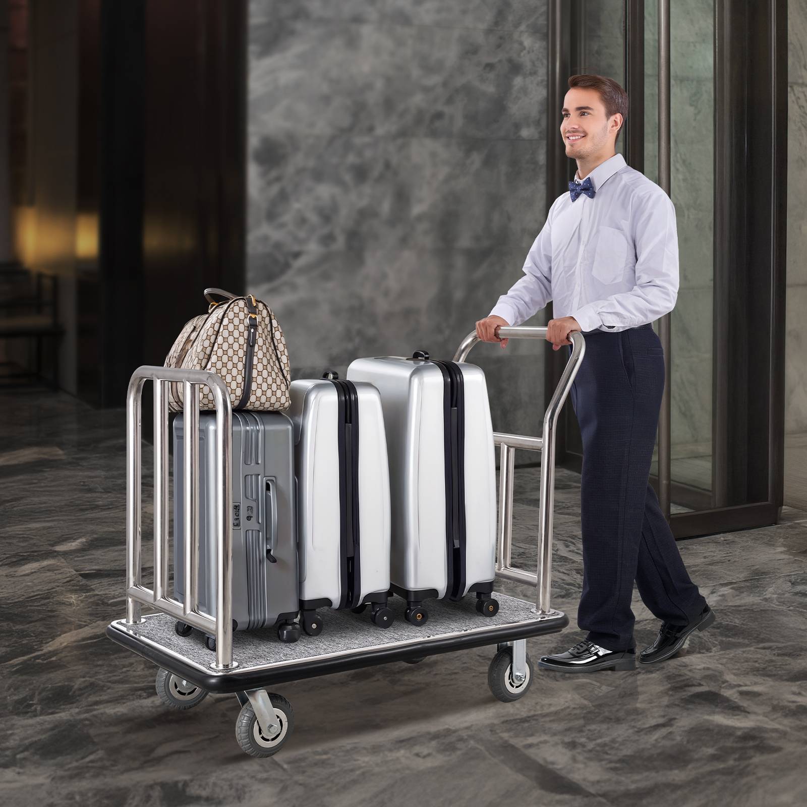VEVOR Chariot bagages hôtel, charge 340kg. Plate-forme, cadre amovible. Moquette grise. Pour hôtels, condos. - Image 8