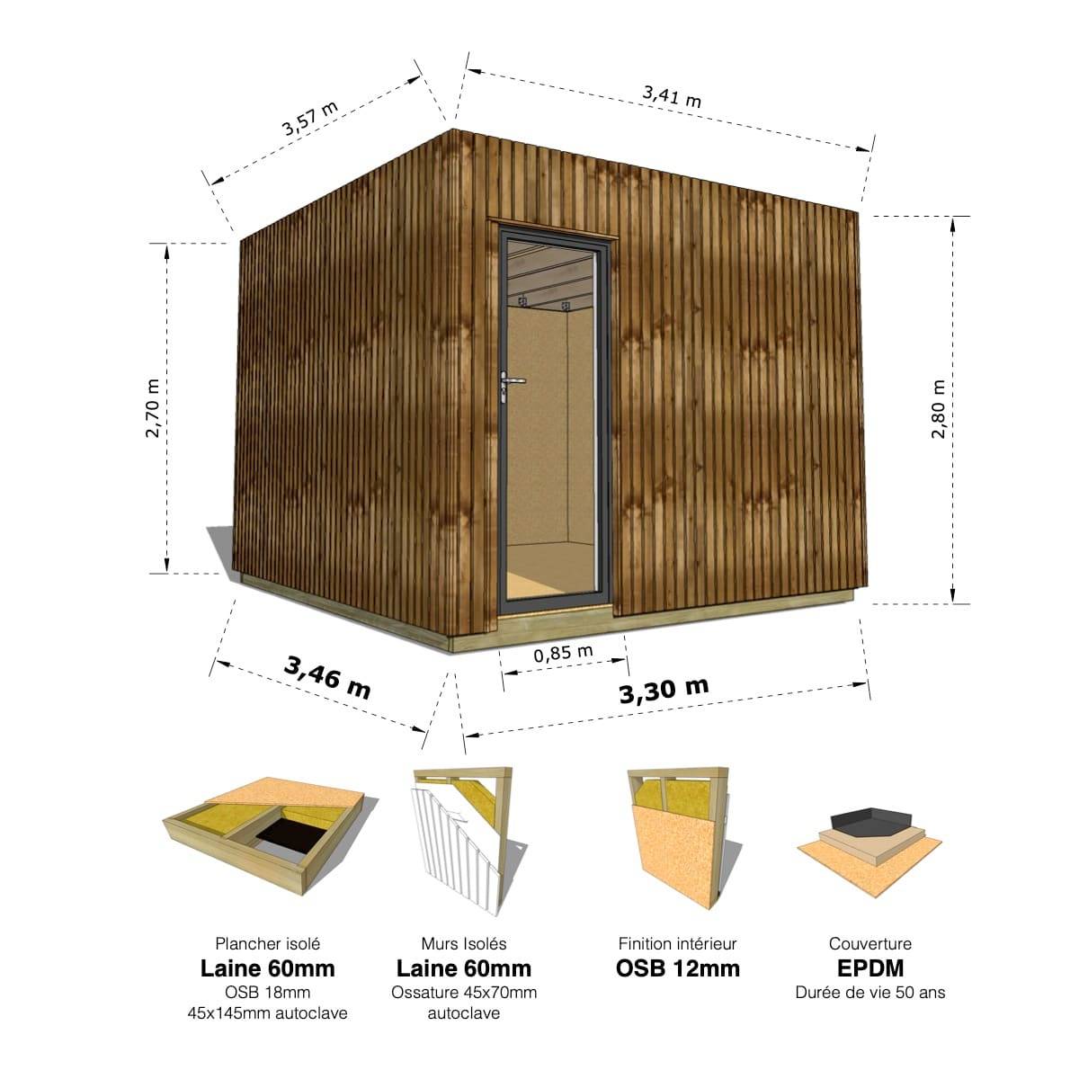Sans Marque - STUDIO DE JARDIN / 11,8 m2 - 3,35 x 3,52m / Plancher isolé / Bardage Brun / Intérieur OSB / Livraison Gratuite / Studio Français - Image 1