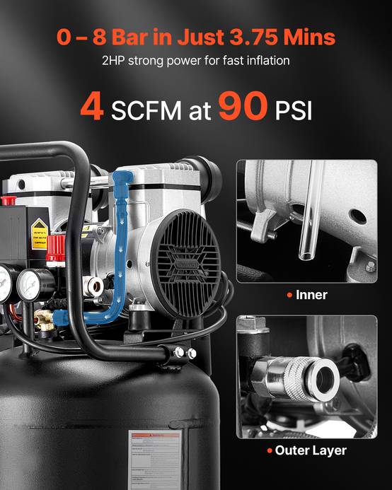 Vevor - VEVOR Compresseur à Air Vertical sans Huile 50 L 1,5 kW 113 L/min à 6,2 bar - Image 2