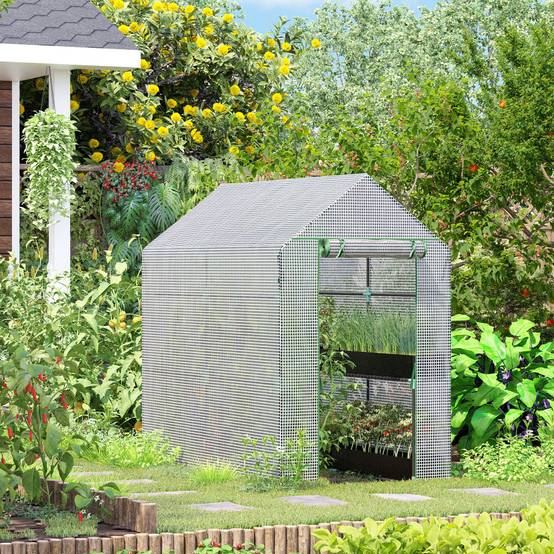 Sans Marque - Serre maison 186x120x190 cm structure acier PE 4 étagères serre intérieure porte charnières culture plantes légumes fleurs blanche - Image 3