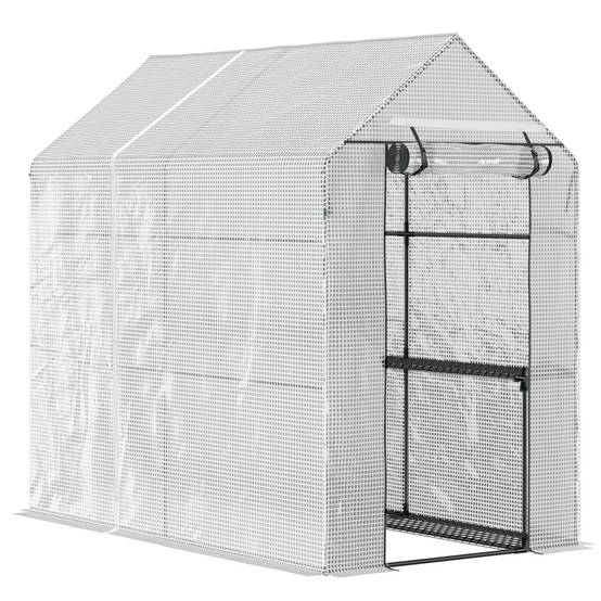 Sans Marque - Serre maison 186x120x190 cm structure acier PE 4 étagères serre intérieure porte charnières culture plantes légumes fleurs blanche - Image 1