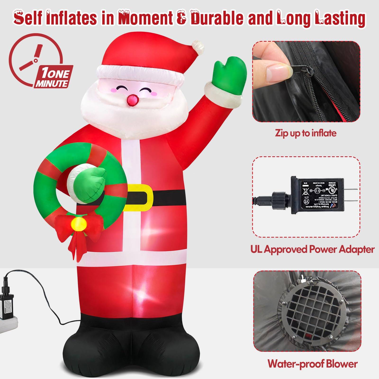 Décorations gonflables de Noël de 1,8 m, Père Noël, LED intégrées et piquets d'arrimage, gonflables géants de Noël pour la décoration de jardin - Image 2