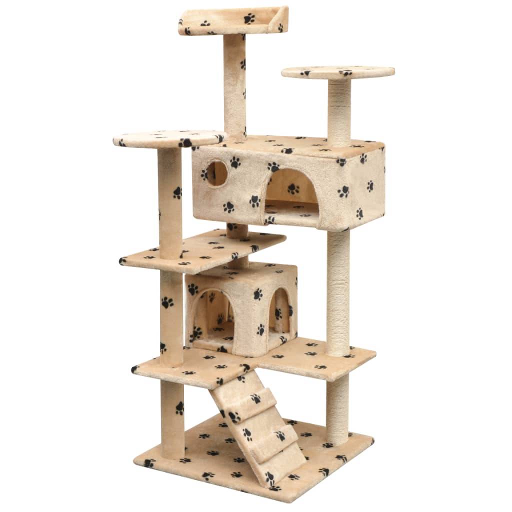 Arbre à chat design avec griffoirs sisal et 2 maisons motif pattes Beige – ComfortXL Pet Living - Image 1