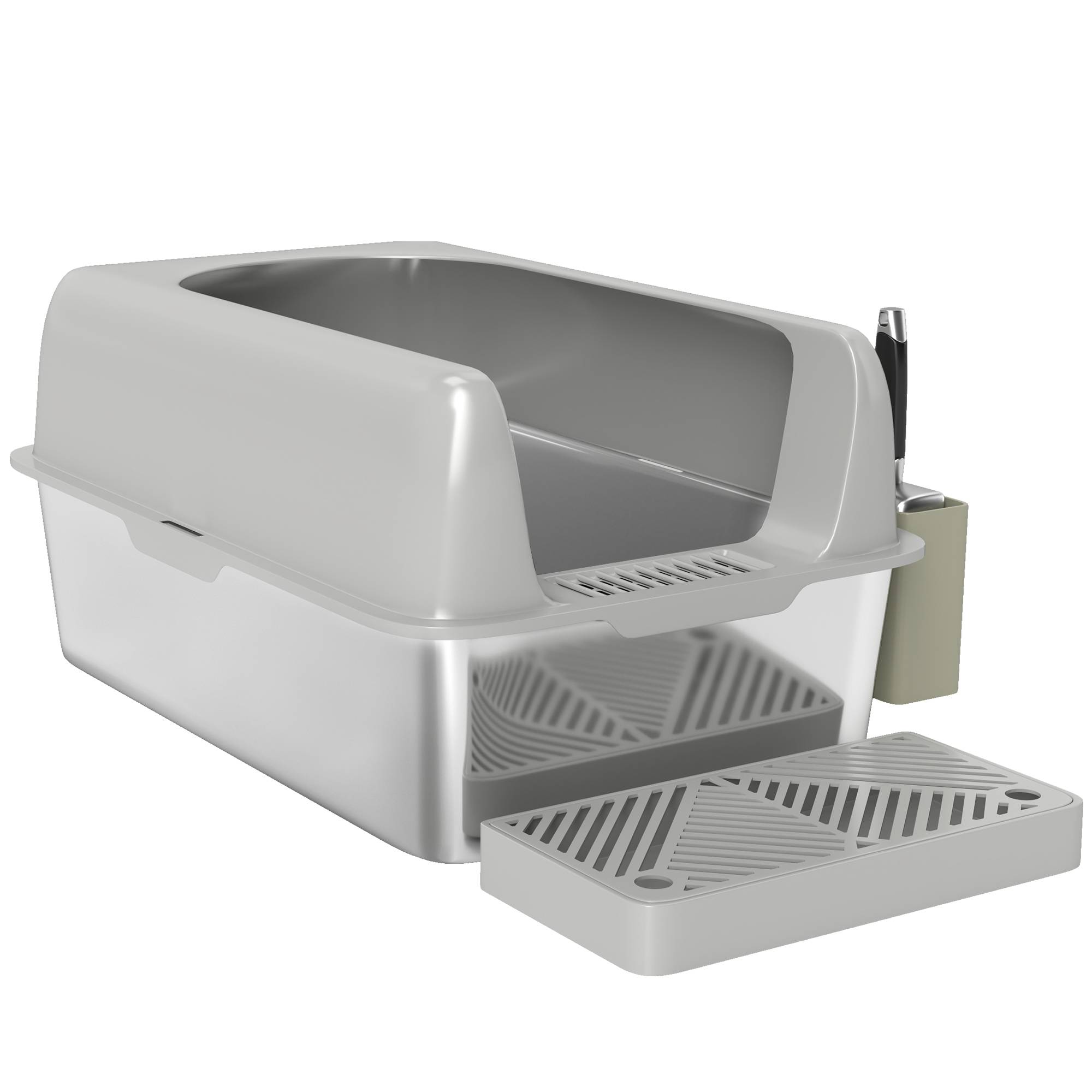 Bac à litière ABS et acier inoxydable intérieur parois hautes 60x40x29cm gris clair - ComfortXL Outdoor Living - Image 2