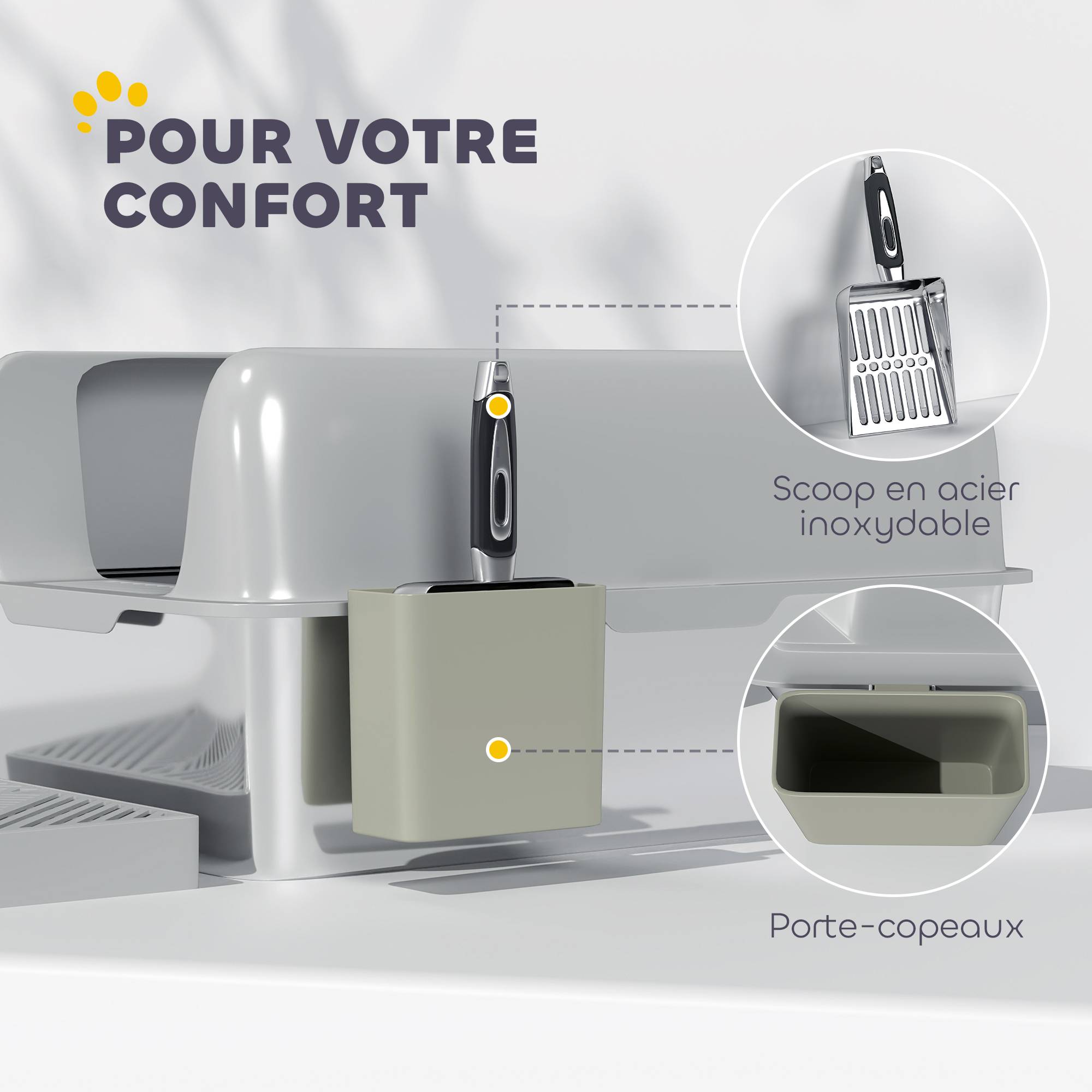 Bac à litière ABS et acier inoxydable intérieur parois hautes 60x40x29cm gris clair - ComfortXL Outdoor Living - Image 9
