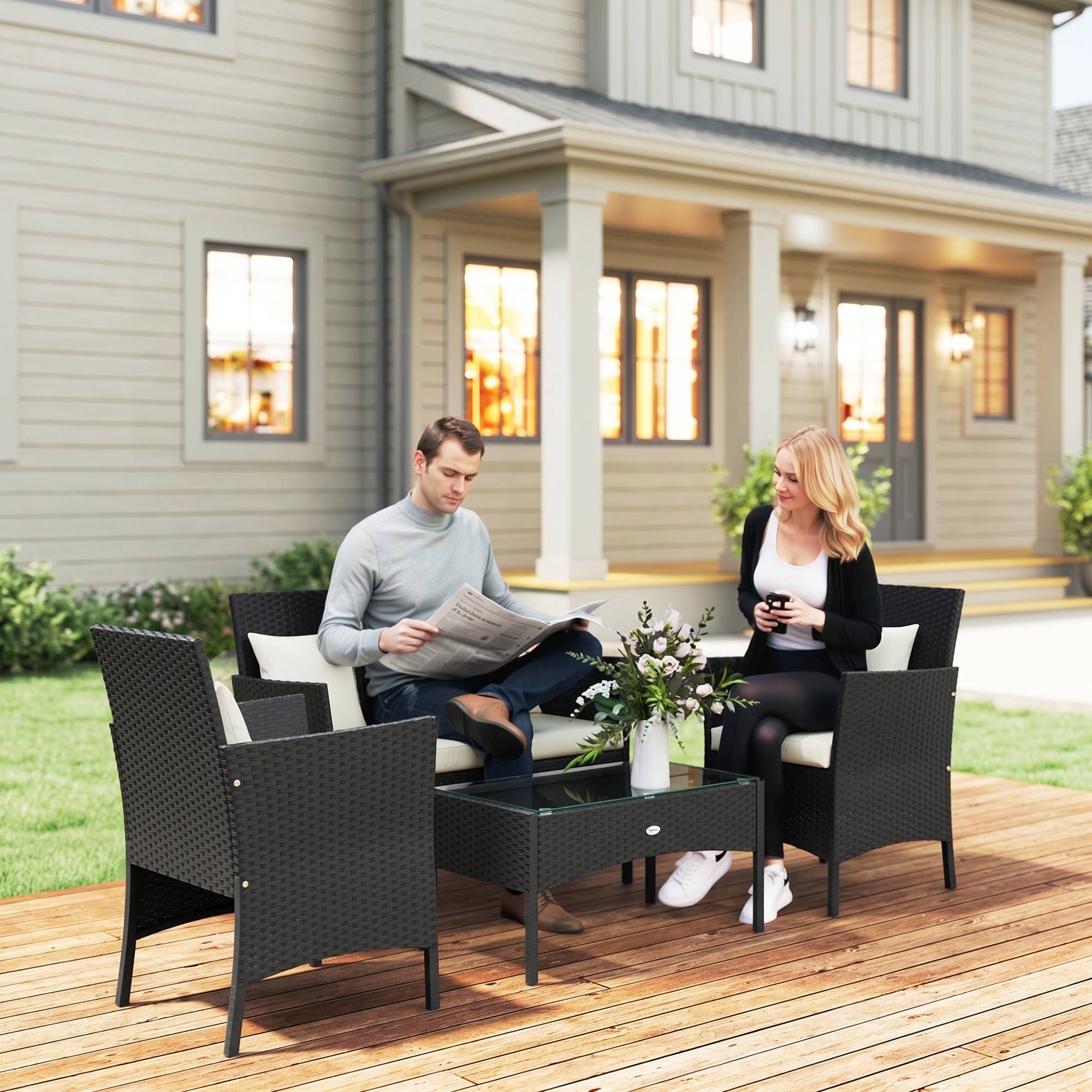 Ensemble jardin 4 pcs rotin, 2 chaises, fauteuil 2 places et table basse - Image 3