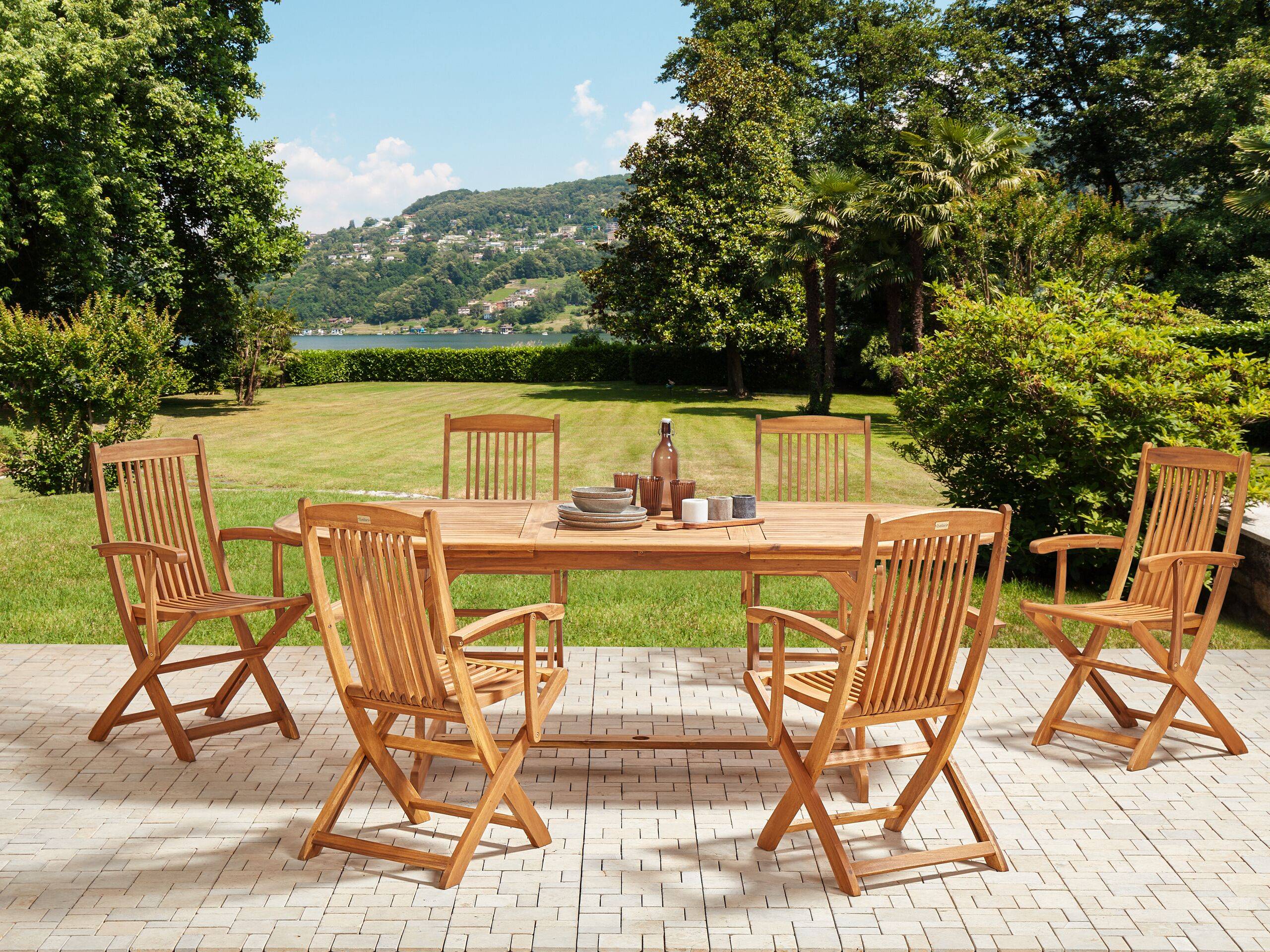 Beliani - Set de salle à manger, 6 Personnes Acacia Marron clair MAUI II - 220x100x74- Beliani - Image 1