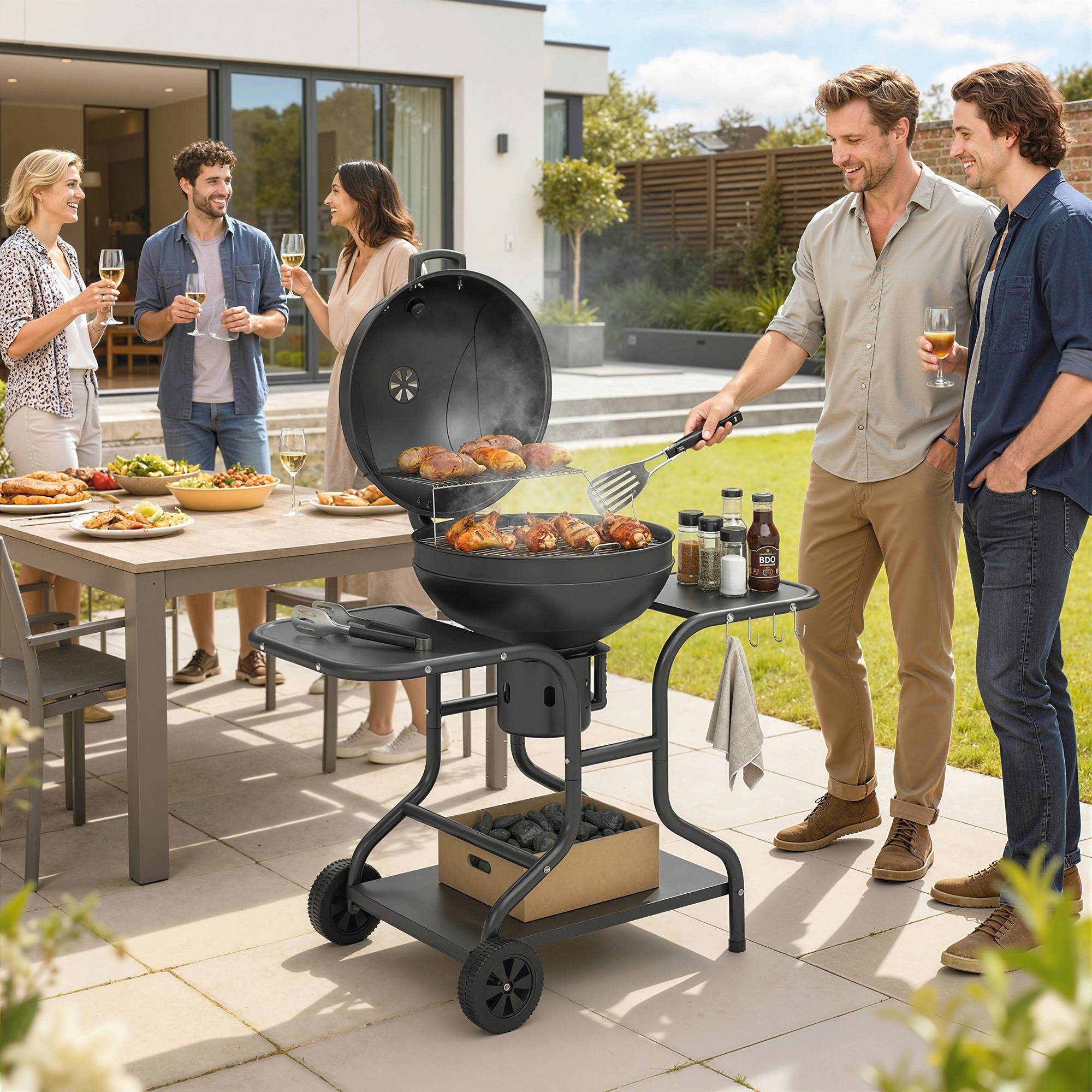 Sans Marque - Barbecue fumoir à charbon de bois avec tablettes latérales, couvercle, thermomètre et roulettes, 129 x 63,5 x 106,5 cm - Image 4