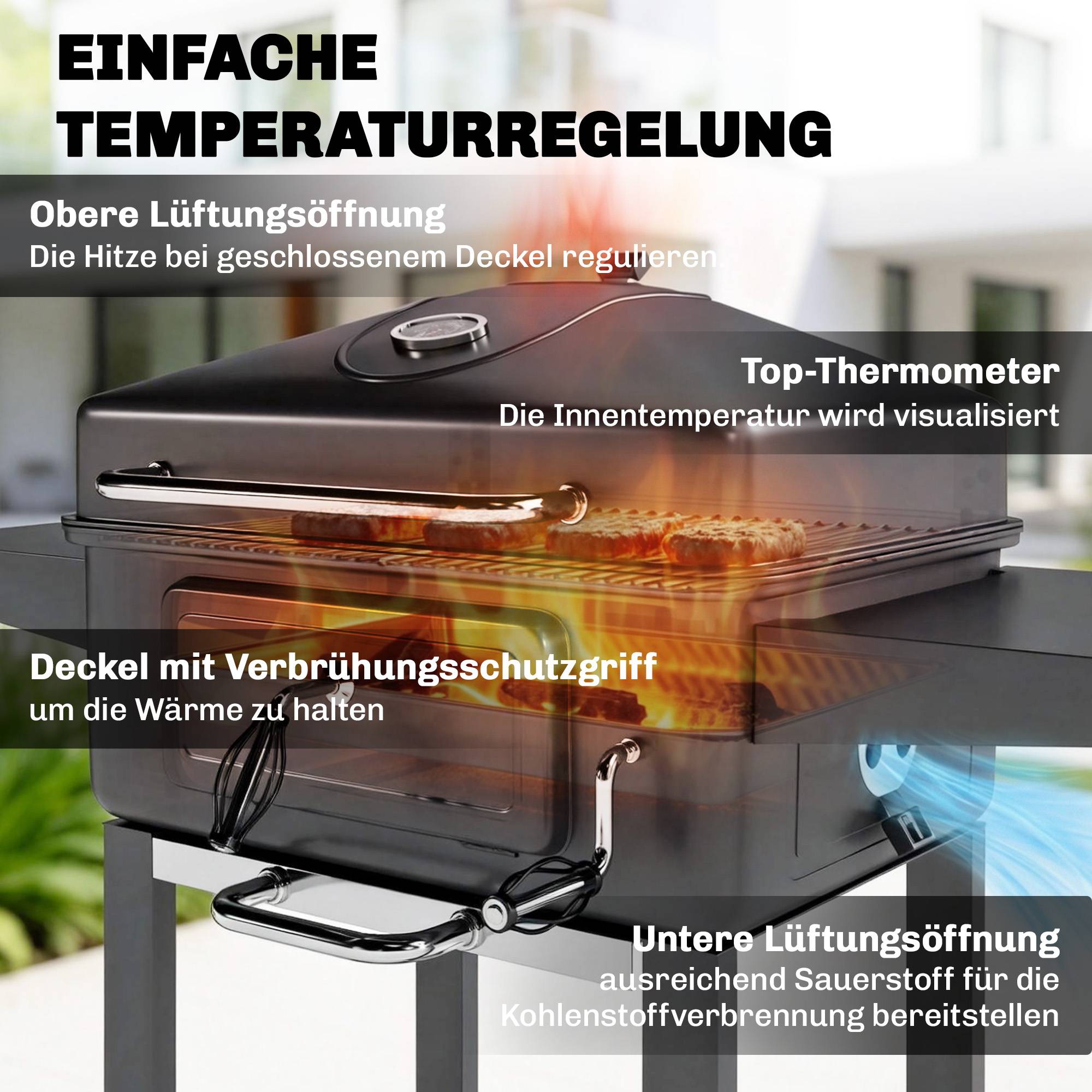 Fumoir BBQ charbon, couvercle, thermomètre, bac à charbon réglable, grille, table latérale, cendrier - Image 8