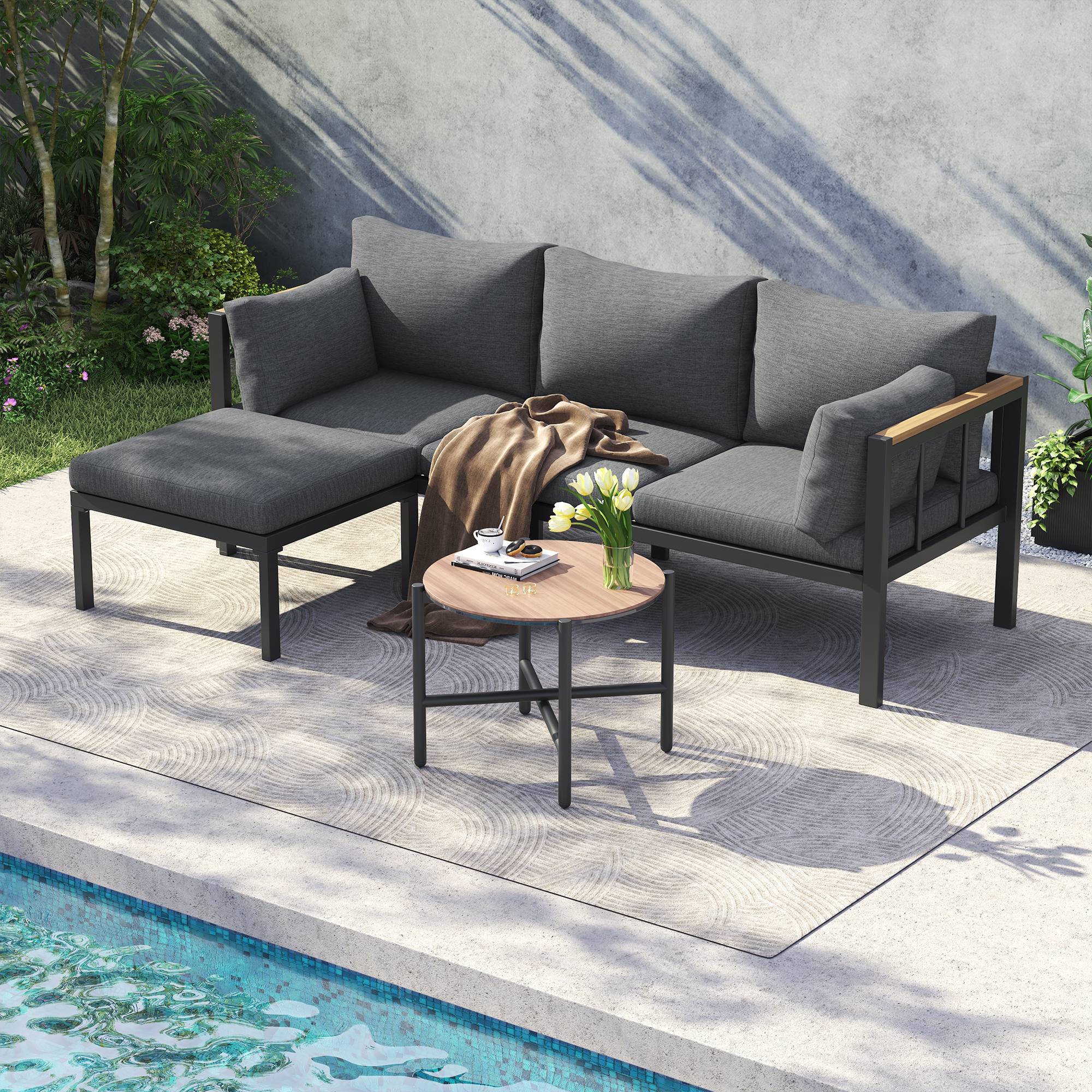Set de mobilier de jardin avec canapé d'angle, table basse et pouf en métal et verre gris - PANGIVO - Image 5