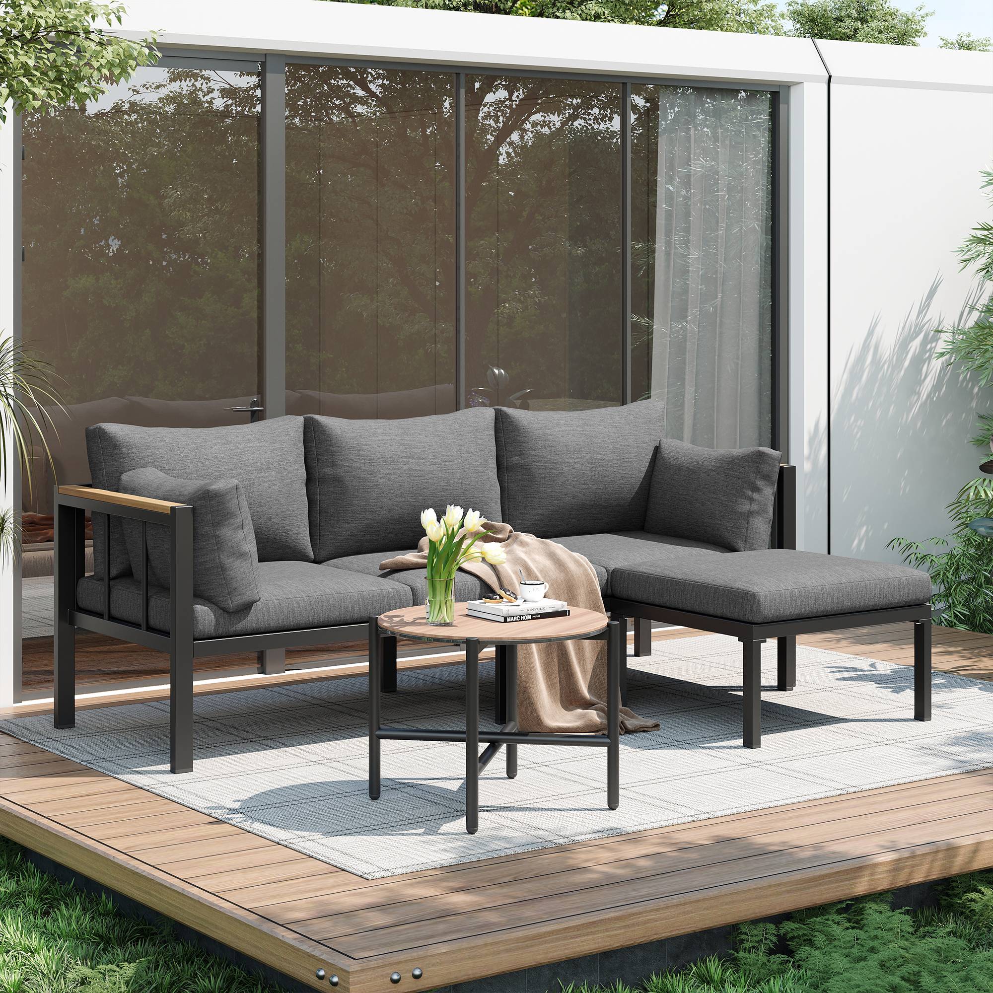 Set de mobilier de jardin avec canapé d'angle, table basse et pouf en métal et verre gris - PANGIVO - Image 3