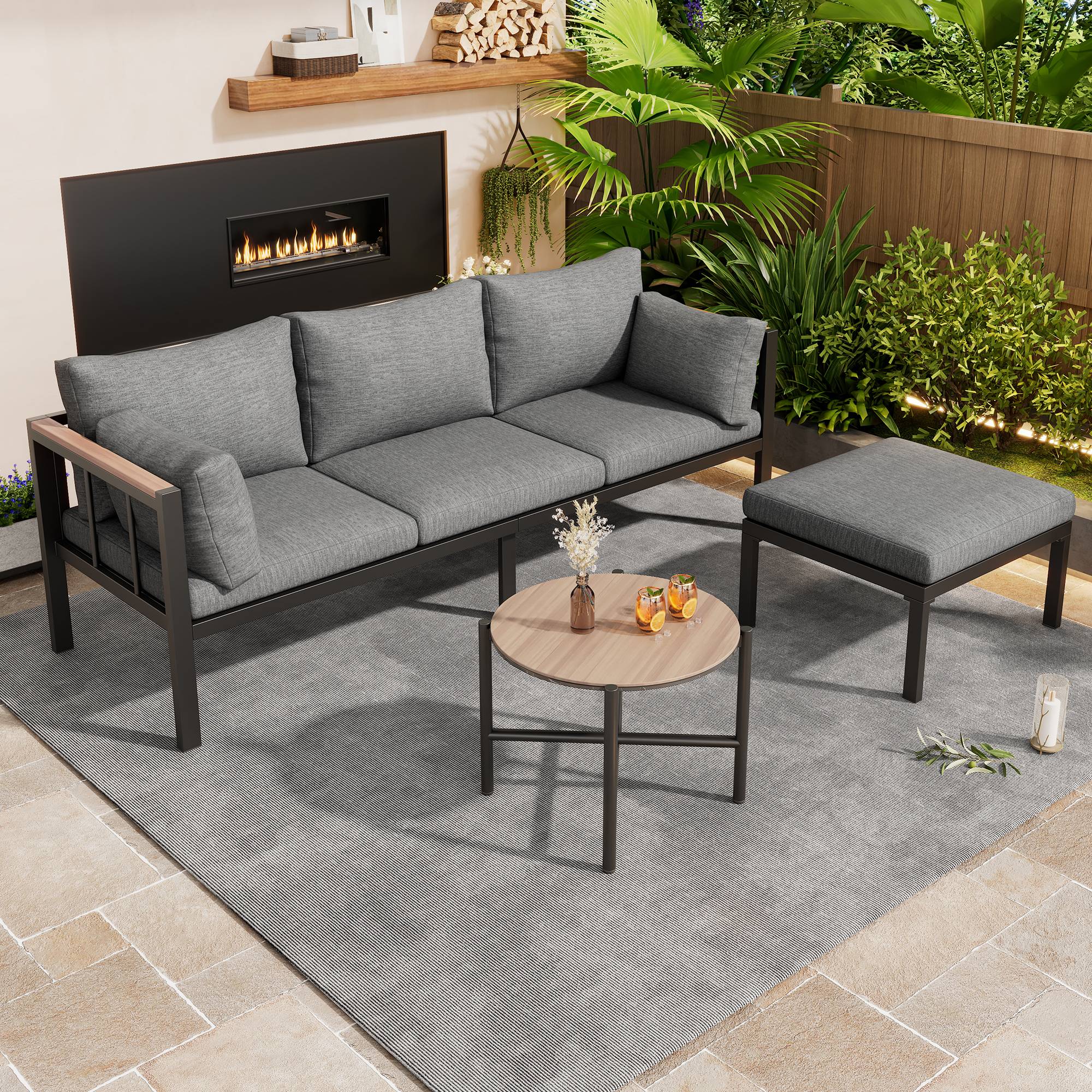 Set de mobilier de jardin avec canapé d'angle, table basse et pouf en métal et verre gris - PANGIVO - Image 2