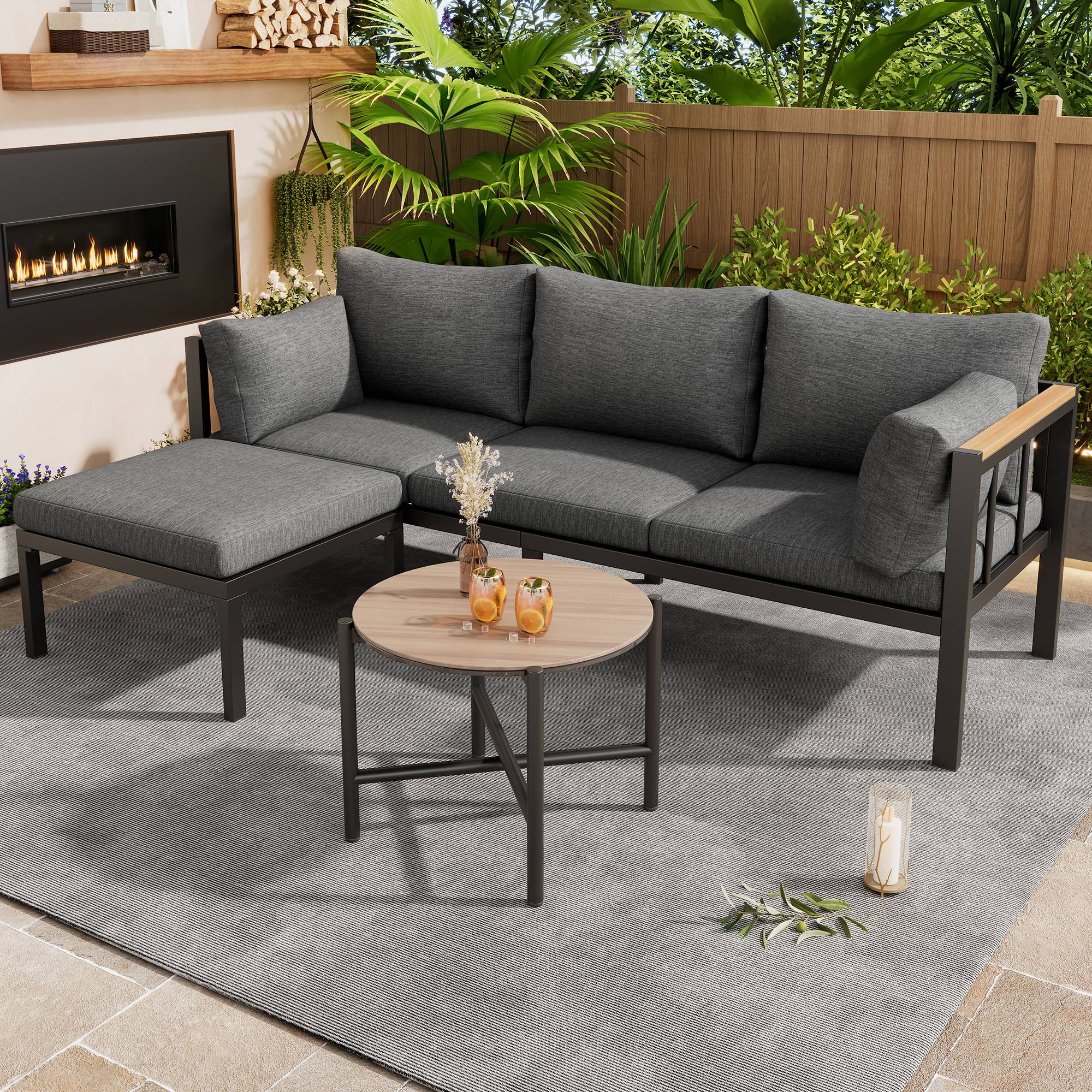 Set de mobilier de jardin avec canapé d'angle, table basse et pouf en métal et verre gris - PANGIVO - Image 1