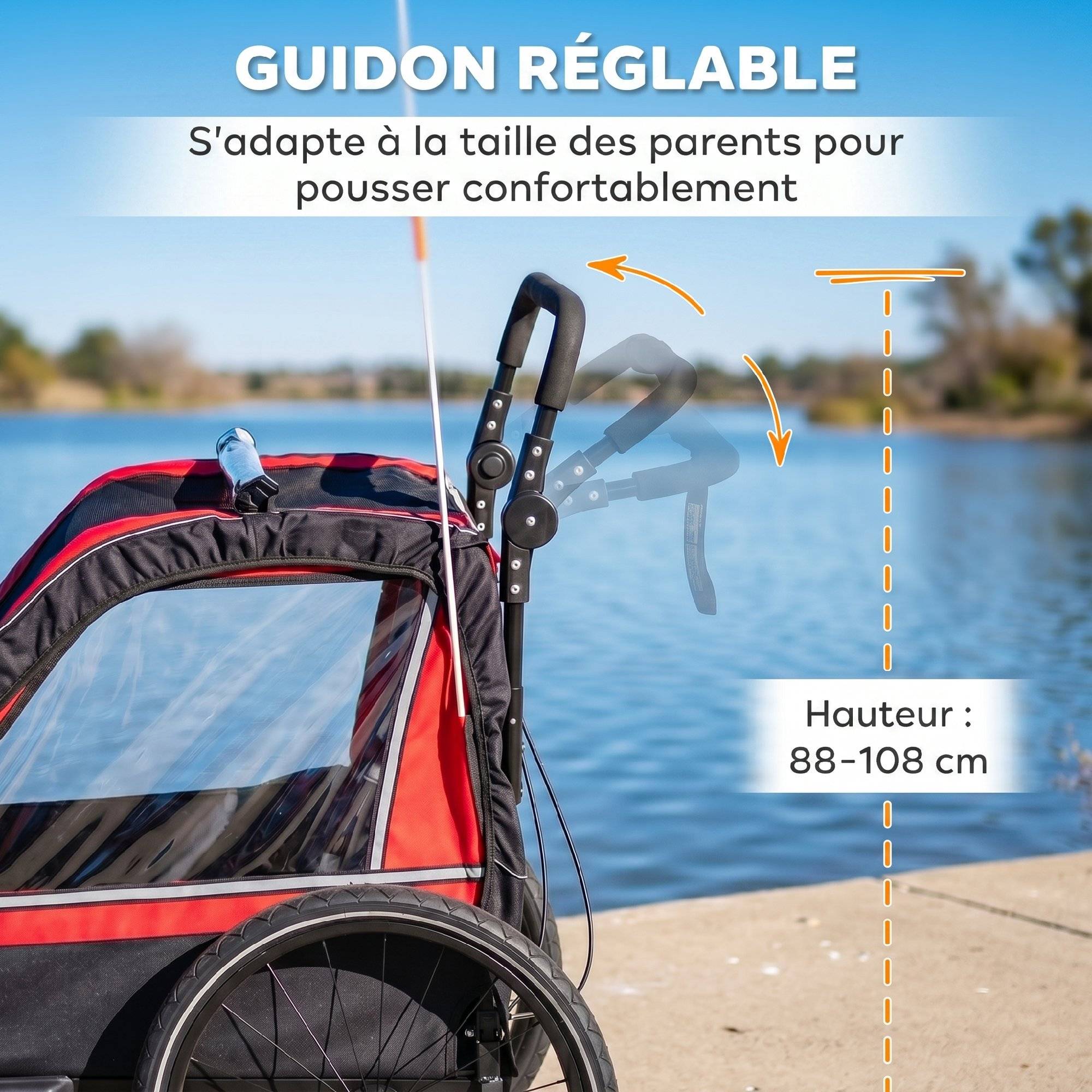 ComfortXL - Remorque vélo enfant 2 places acier rouge 151 x 77 cm poussette 2-en-1 harnais 5 points - ComfortXL Outdoor Living - Image 7