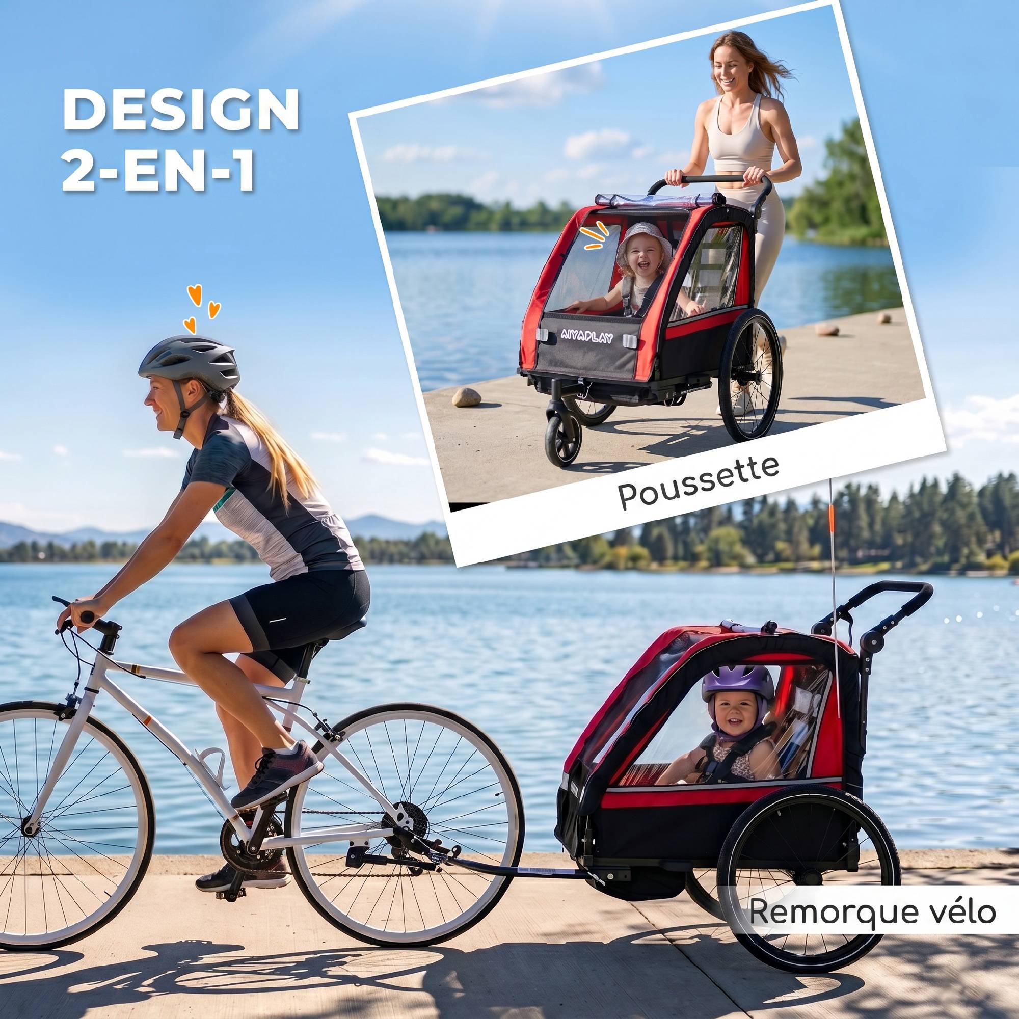 ComfortXL - Remorque vélo enfant 2 places acier rouge 151 x 77 cm poussette 2-en-1 harnais 5 points - ComfortXL Outdoor Living - Image 5