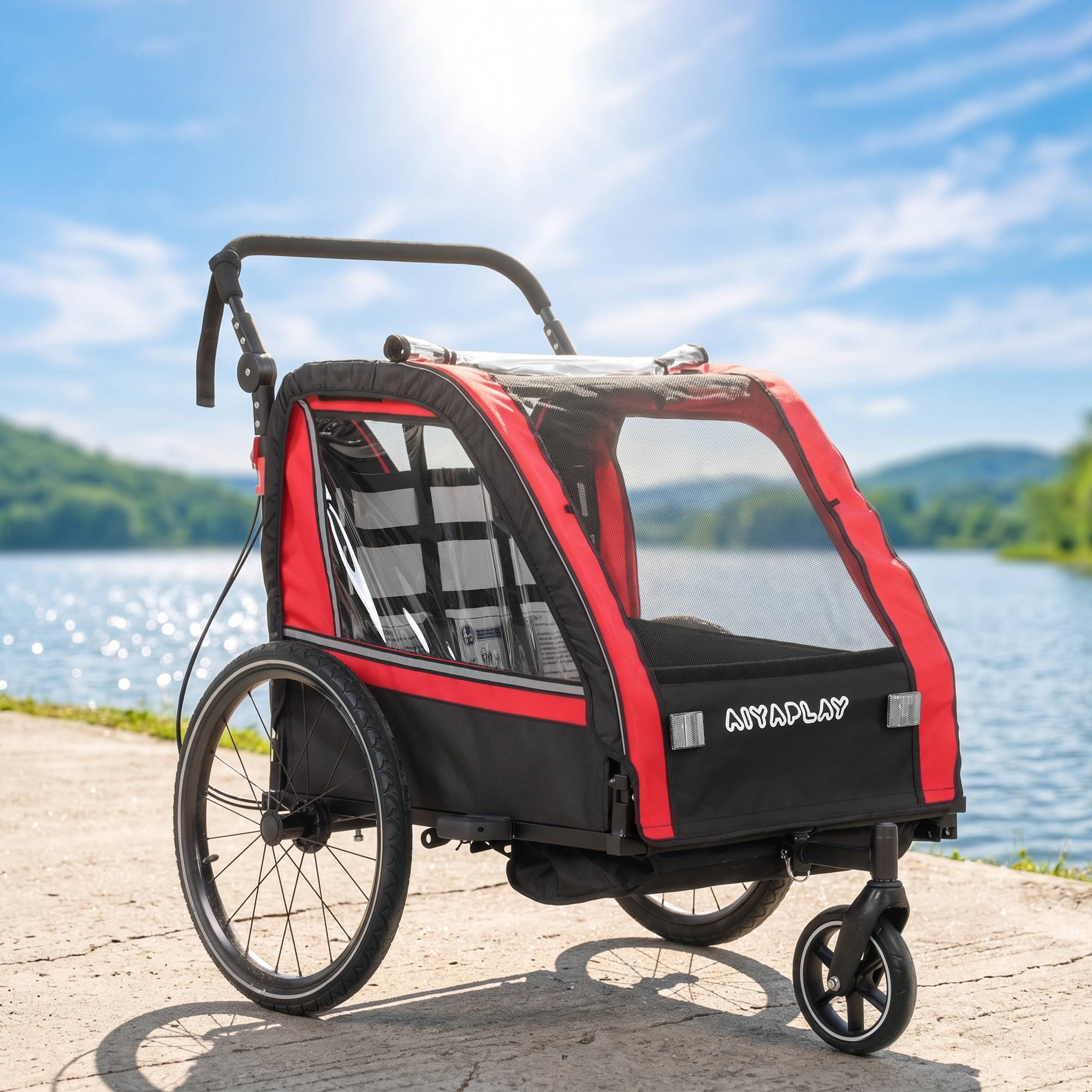 ComfortXL - Remorque vélo enfant 2 places acier rouge 151 x 77 cm poussette 2-en-1 harnais 5 points - ComfortXL Outdoor Living - Image 9