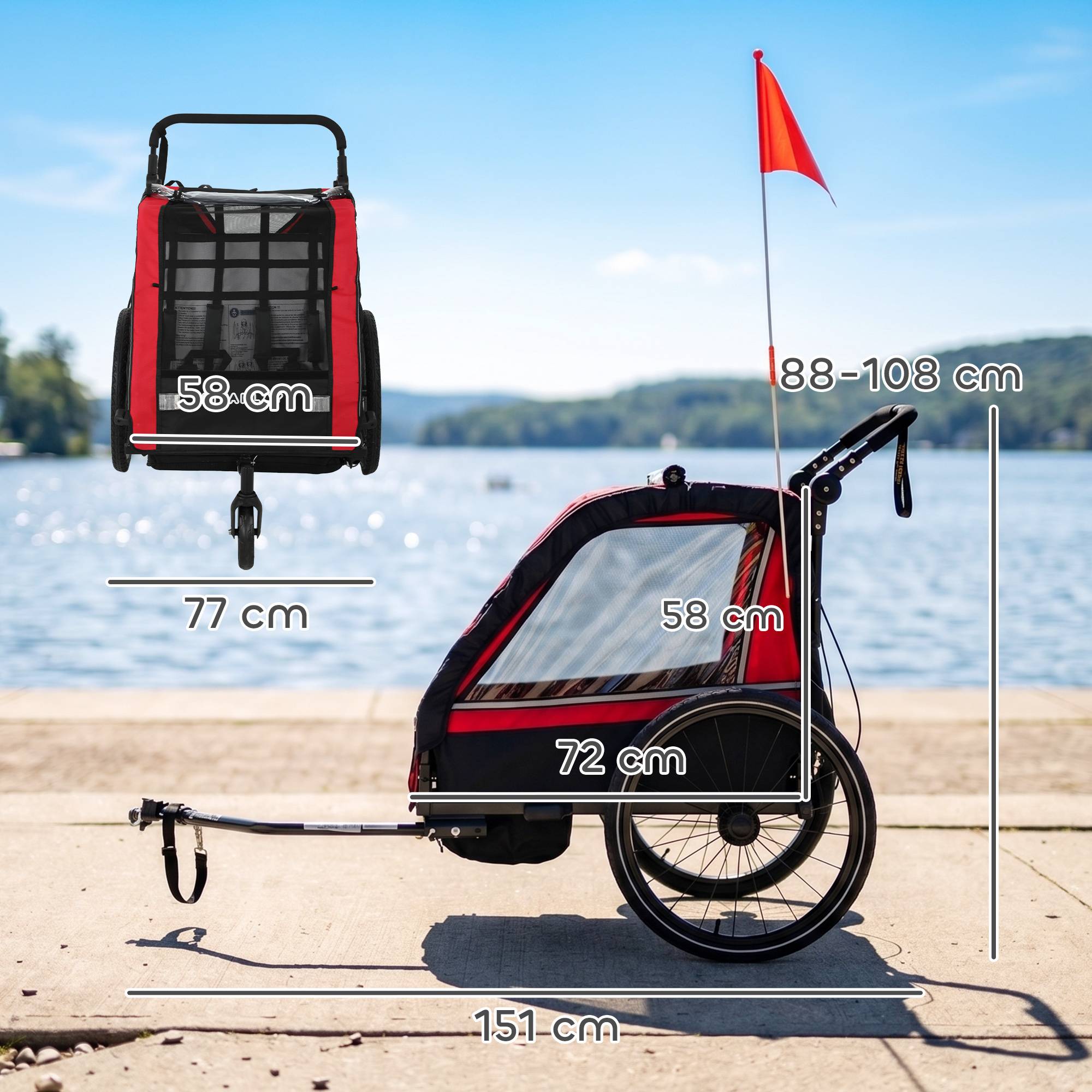 ComfortXL - Remorque vélo enfant 2 places acier rouge 151 x 77 cm poussette 2-en-1 harnais 5 points - ComfortXL Outdoor Living - Image 4