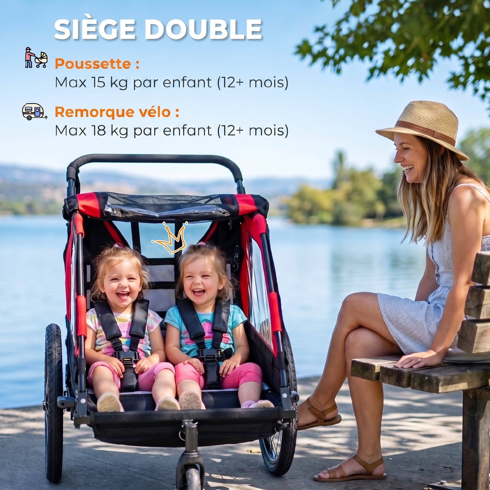 ComfortXL - Remorque vélo enfant 2 places acier rouge 151 x 77 cm poussette 2-en-1 harnais 5 points - ComfortXL Outdoor Living - Image 6